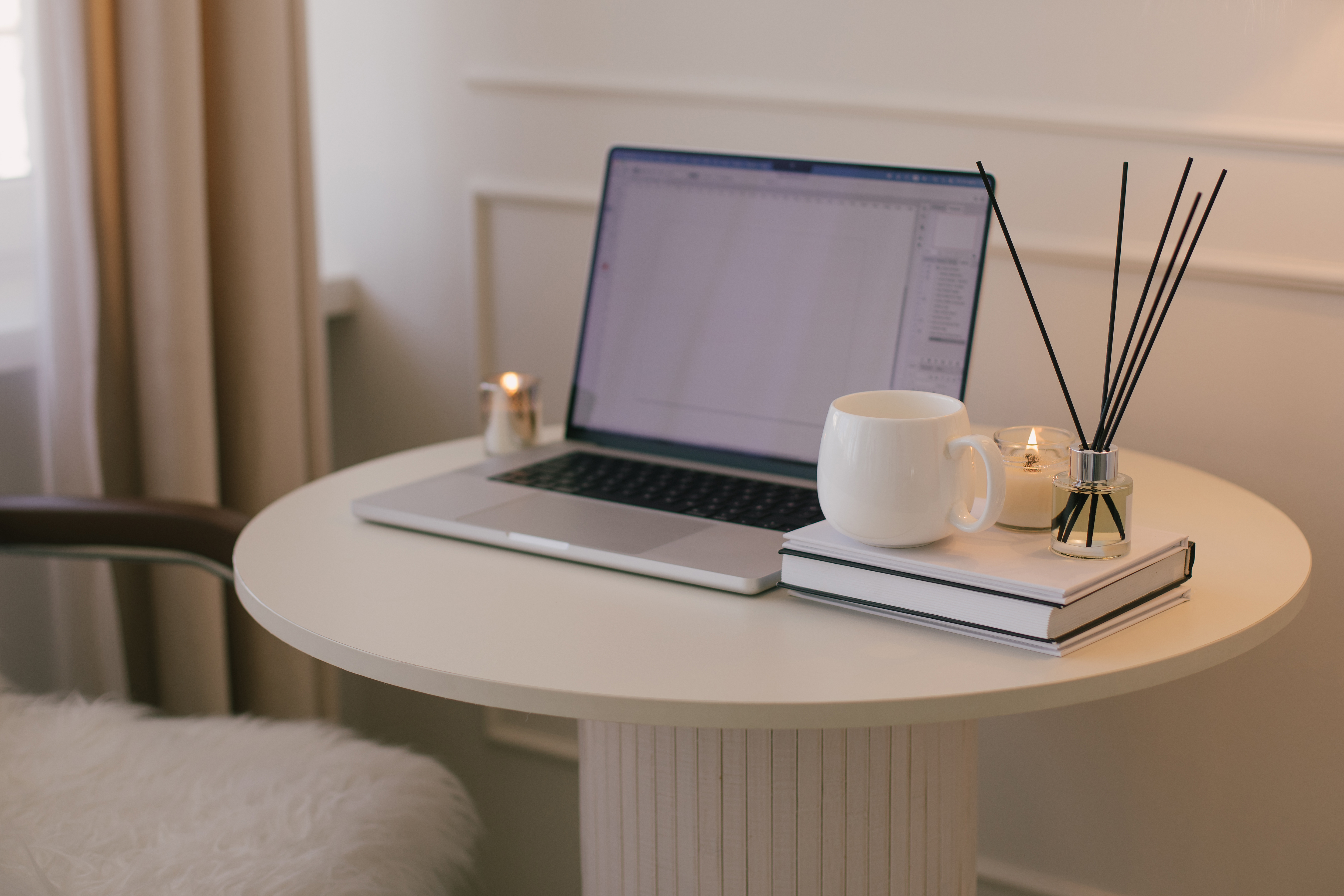 laptop and white mug with tea on a table workspac f808d0d807abc8bb79a2