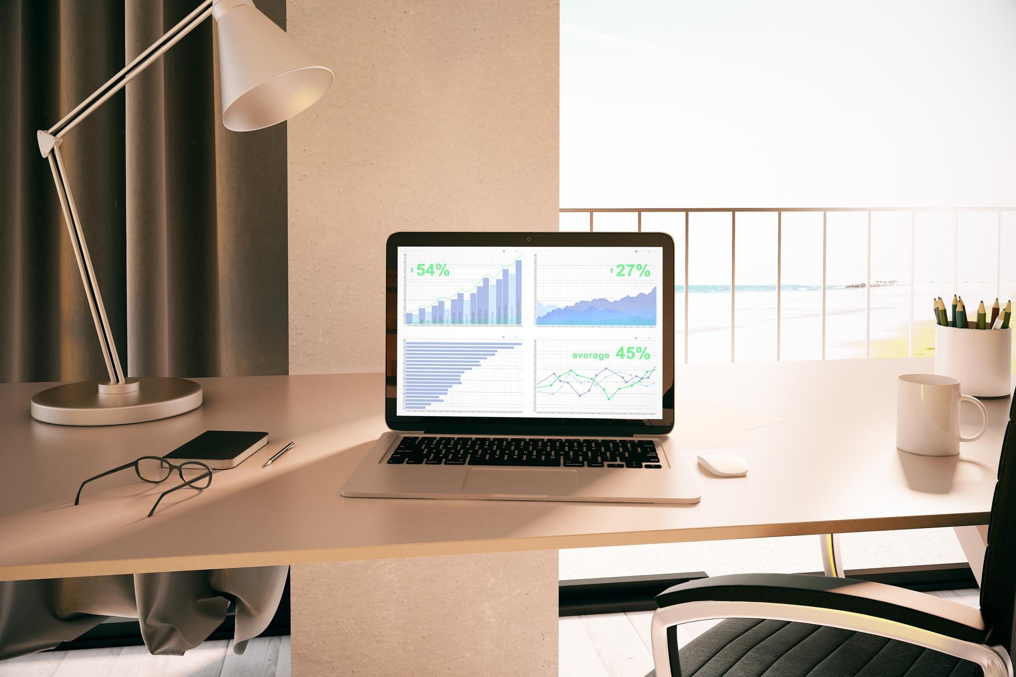 laptop with business charts on conference table 3d bf9e01710c5425718a73