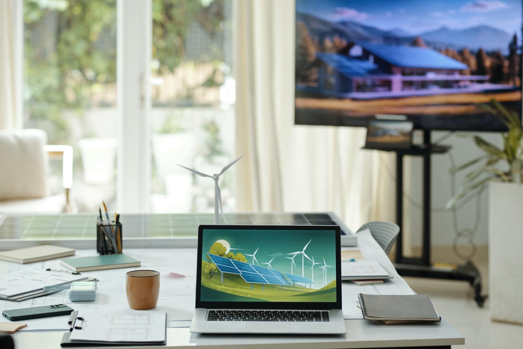 laptop with presentation in office 1e3b7c420e8d1ae51354