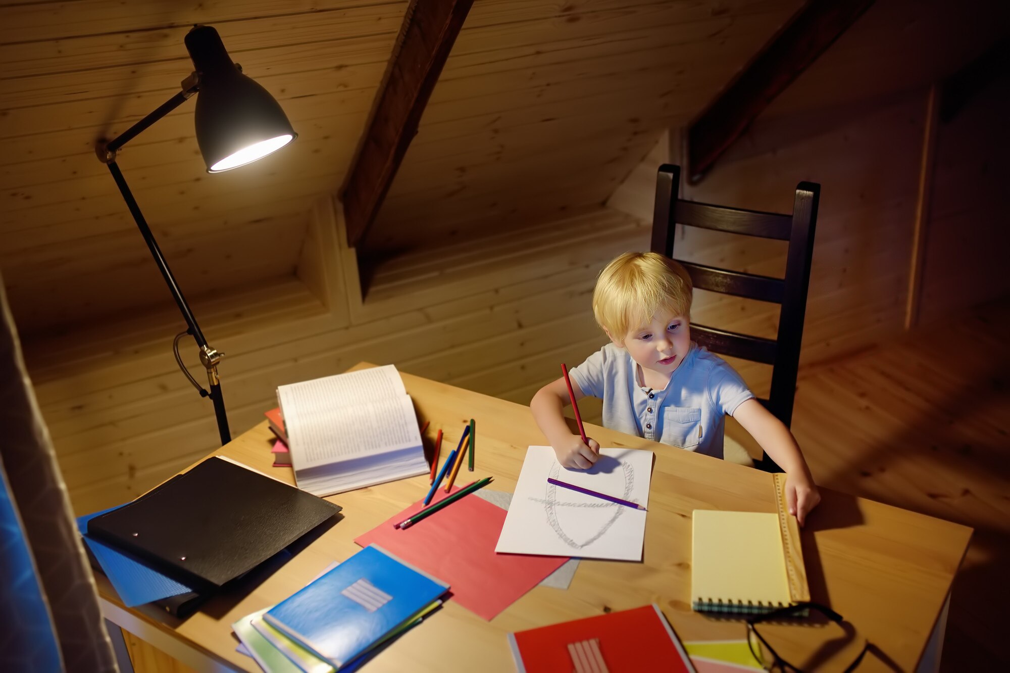 Little Boy Doing Homework Painting And Writing At E0e4339f928f759cca97