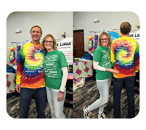 Chakra color shirts worn by 2 spiritual people