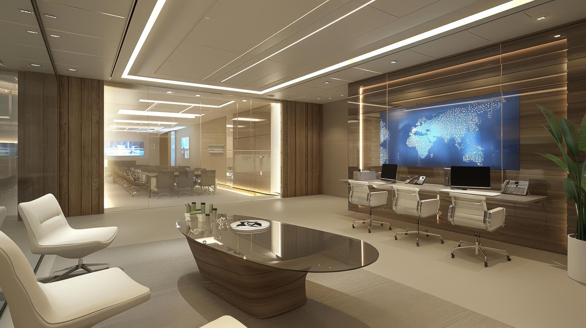 luxury corporate office with global data display a 67699c55578a31563b74