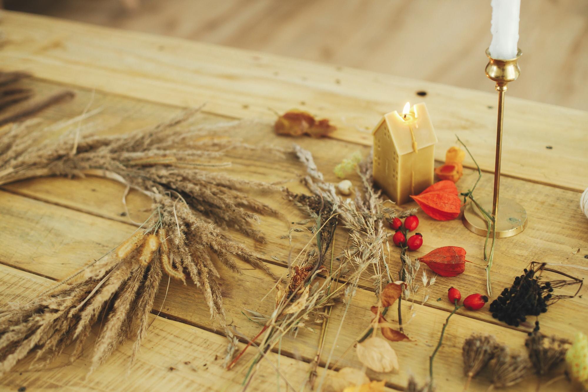 making stylish autumn wreath on rustic table dried 9ef3e6a65982b210c330
