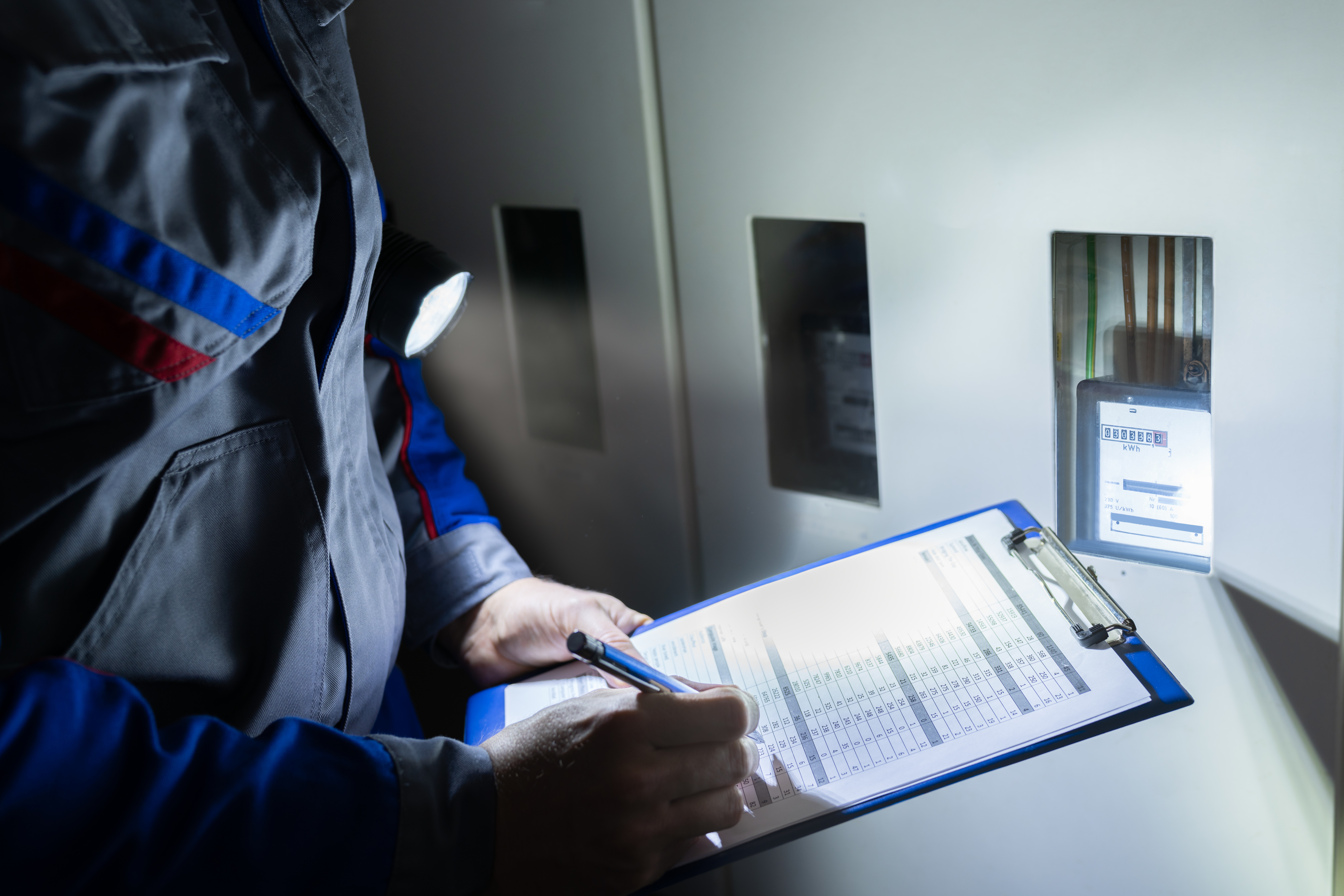 male technician writing reading of meter 8356384dad547c33873d