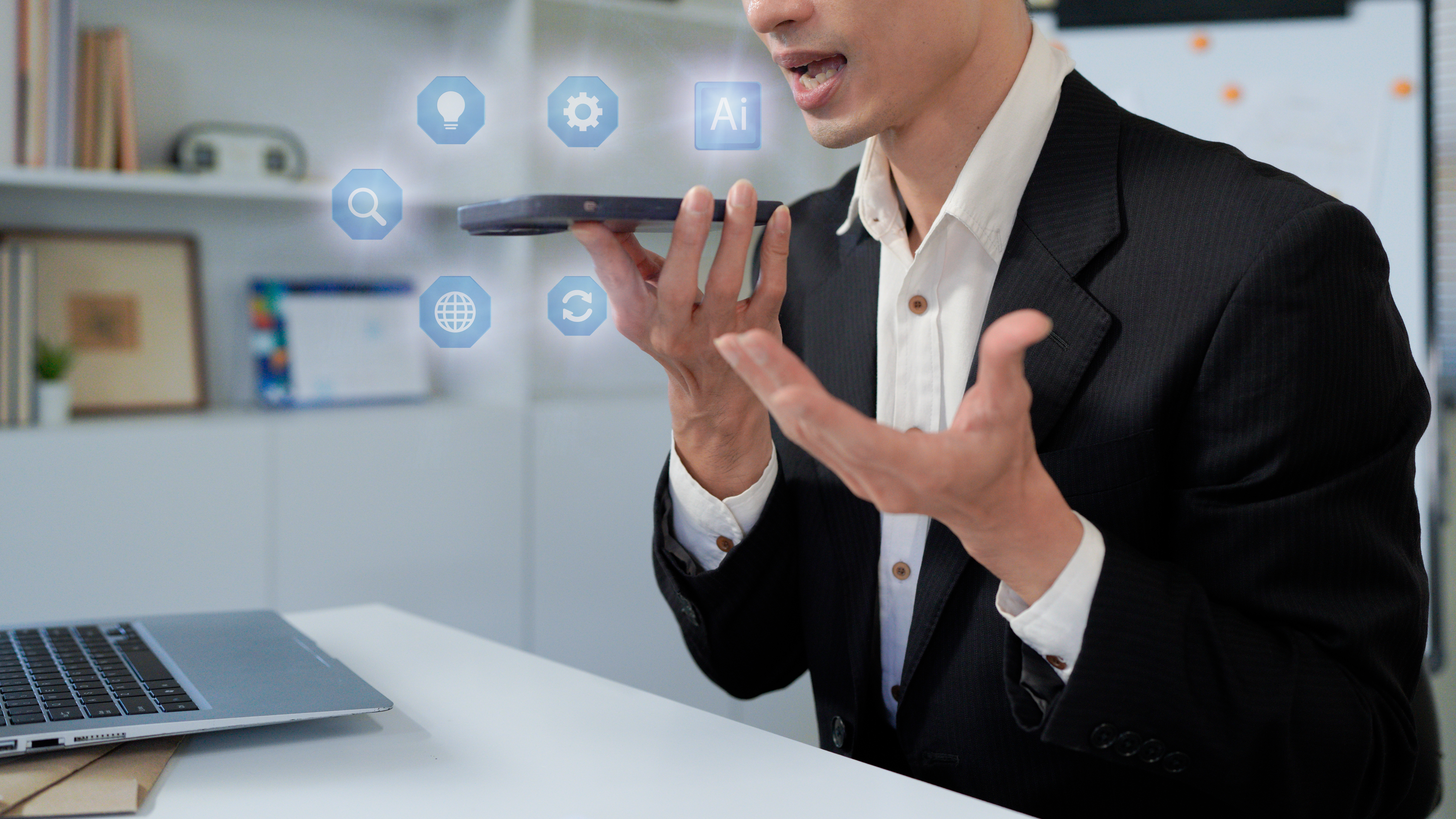 man using ai voice assistant on smartphone with sp a853df8b1b1fc447940f