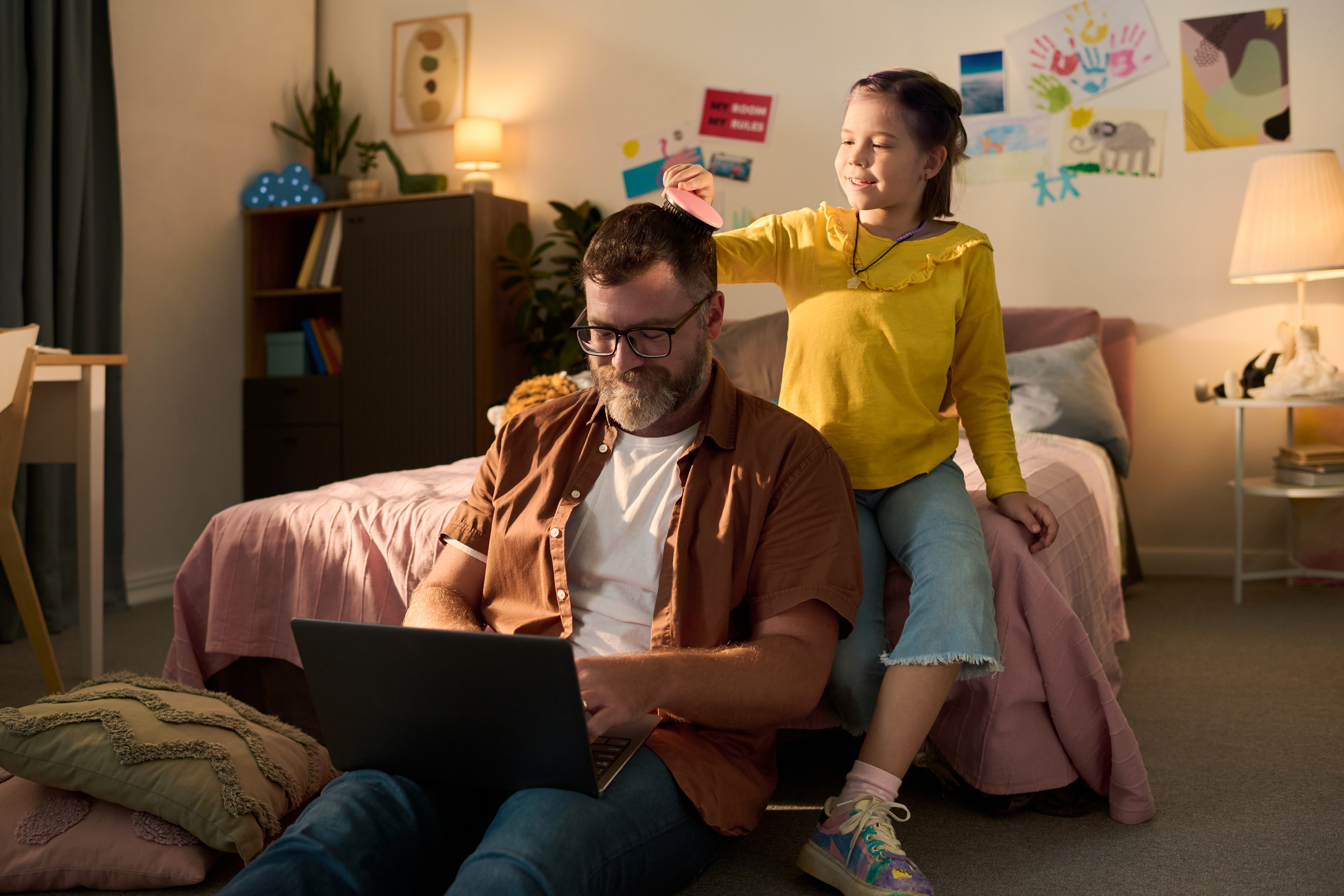 Middle Aged Man Using Laptop While Child Girl Play Dbe29f4ec5e63587fd73