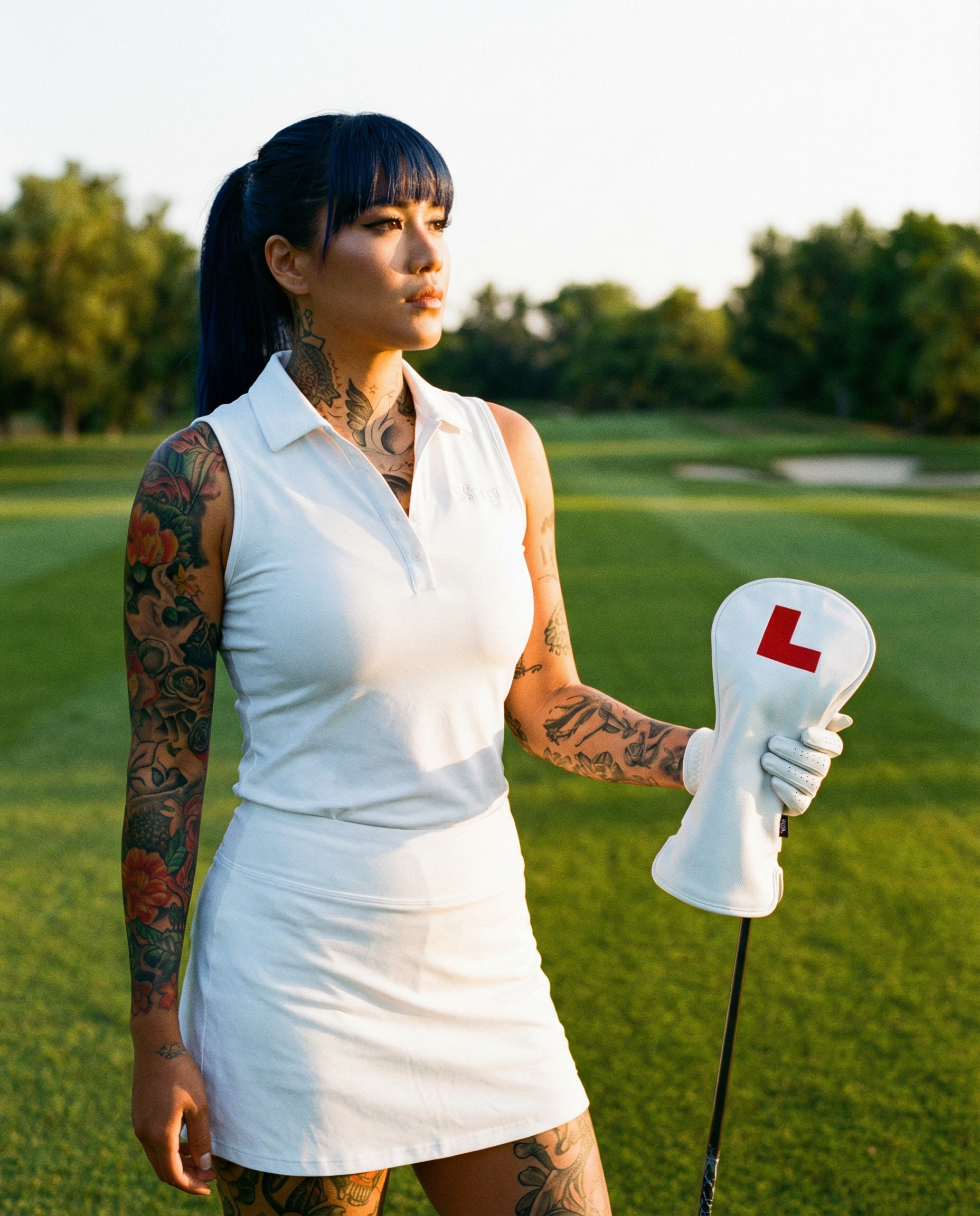 mika holding learner driver on a golf course in golden hour light wearing white golf attire 6cfa0691c711e670bd57
