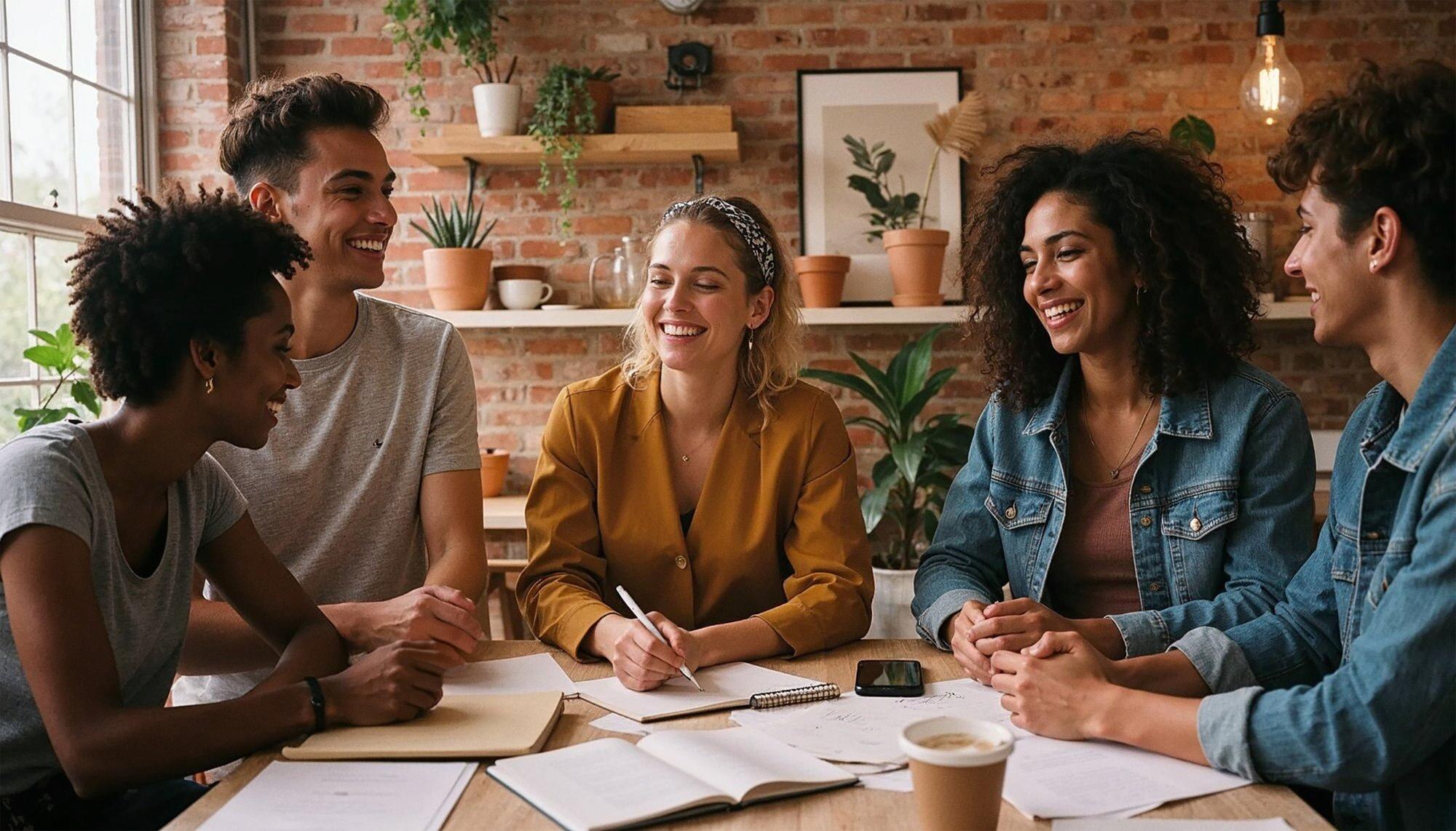 mixed group of diverse individuals discussing idea 915b8b7064cad2f0d4a7