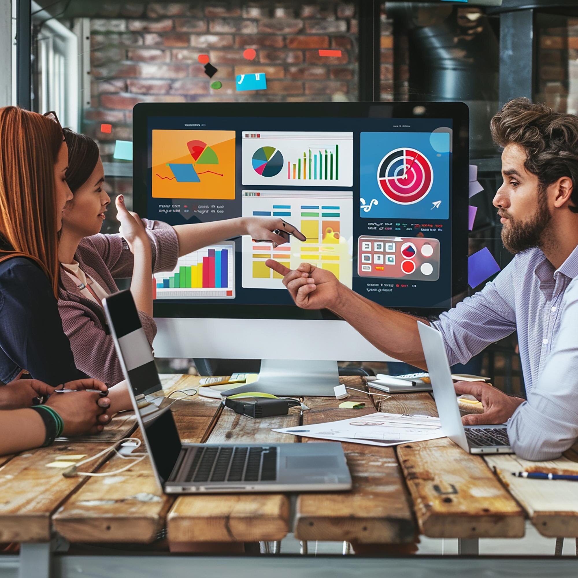 Team collaborating in a modern office, discussing data visualisations on a computer screen, highlighting analytics for local SEO and business optimisation.