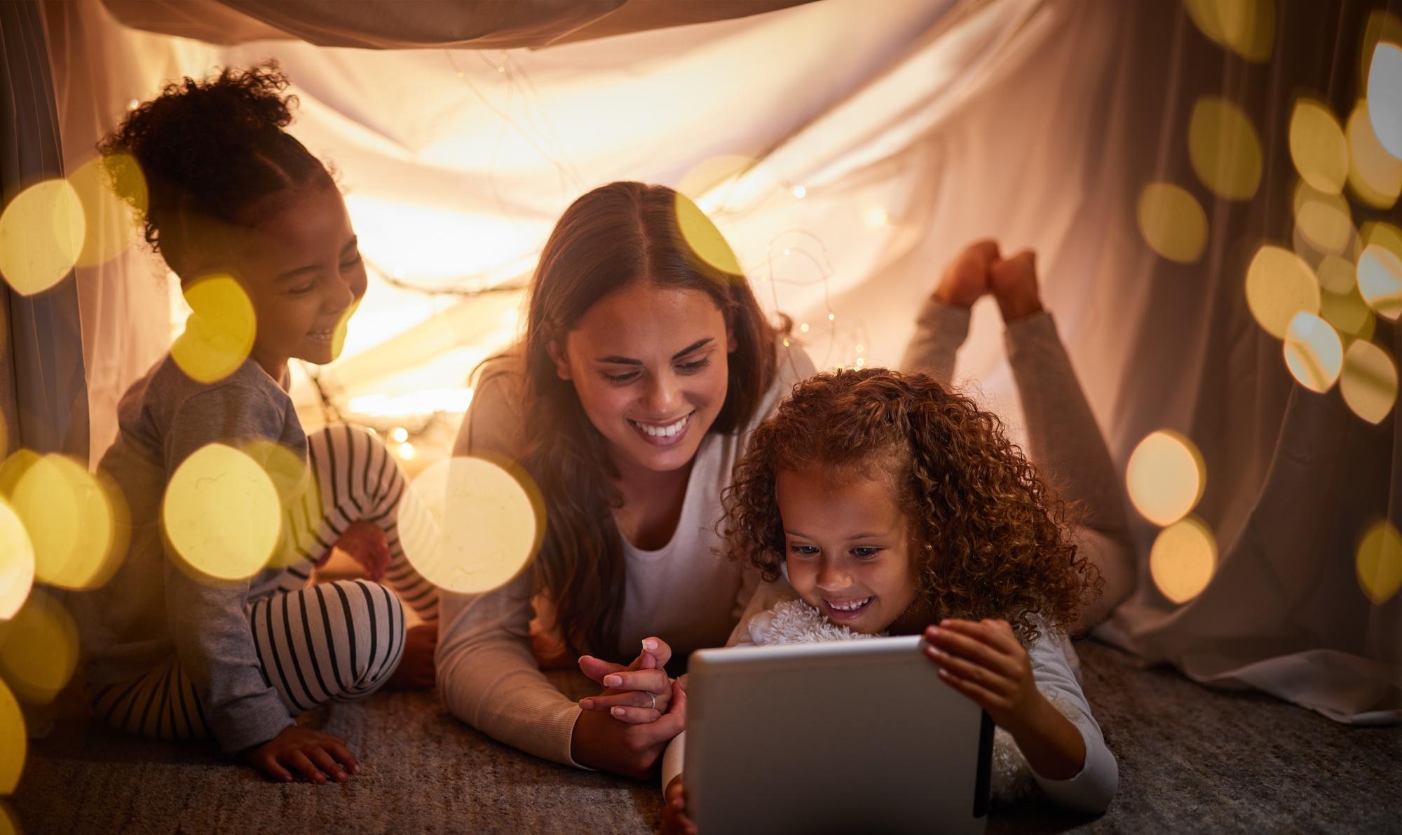 mother children and tablet with happy family watch a9fd364db0e649c46c78
