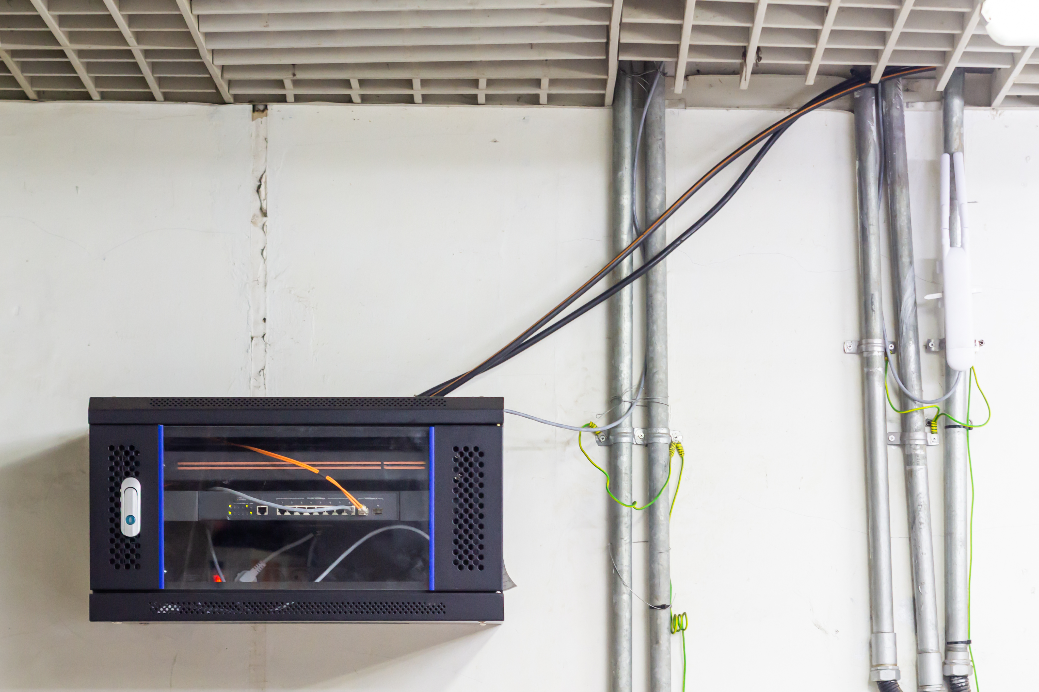 mounted network server rack with exposed wiring sh fd9908d2b3b14fb386c4