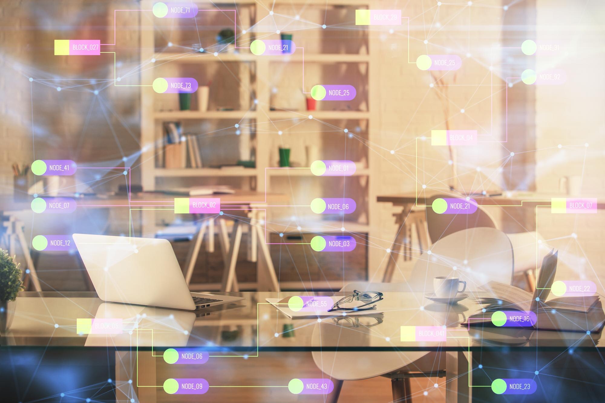 multi exposure of data theme drawing and office in 64dd7eded48b18faebb5