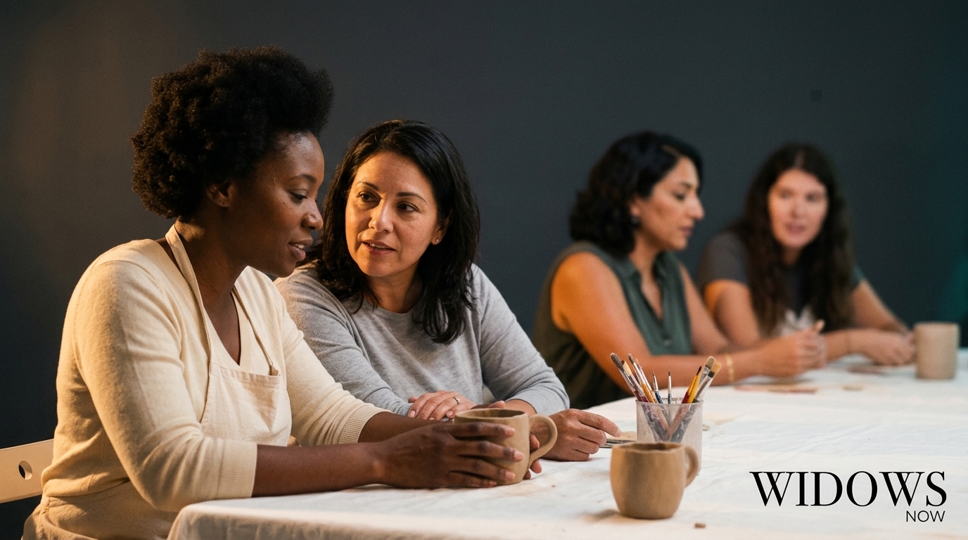 A group of women converse while crafting pottery in an art-focused setting, highlighting community and creativity for the Widows Now initiative.