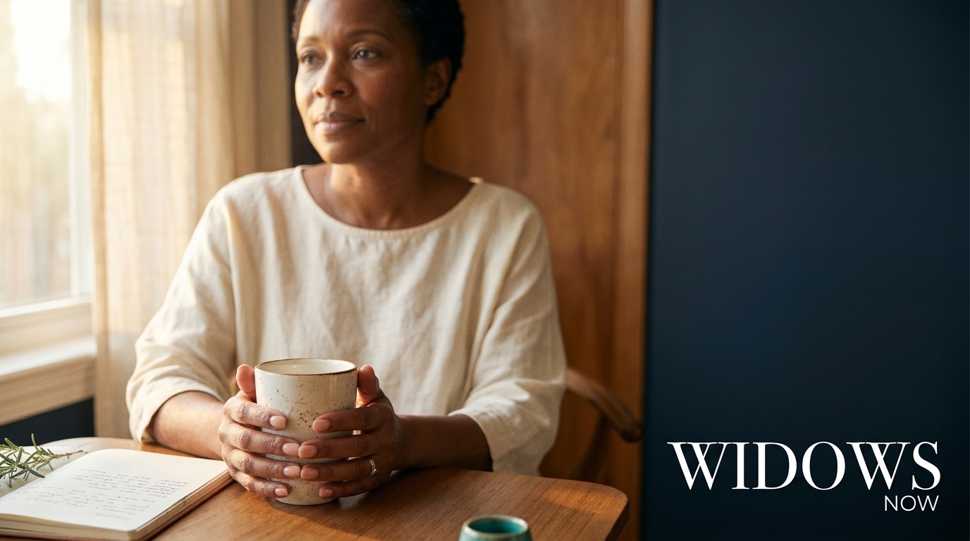 A woman holds a cup, gazing thoughtfully, with a notebook open beside her, conveying a moment of reflection and contemplation.