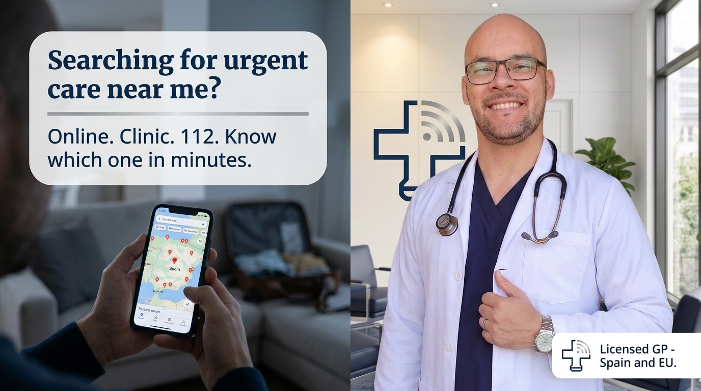 Un profesional médico tranquiliza a un paciente, ilustrando la guía de atención de urgencia para expatriados y turistas en España y la UE.