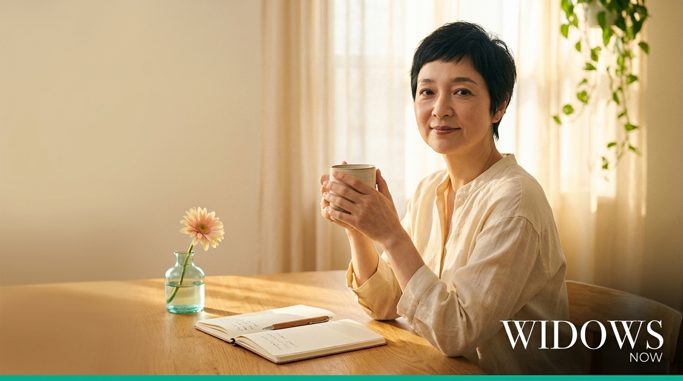 A woman with short hair sits at a wooden table, holding a cup and smiling. A notebook and a vase with a flower are nearby, suggesting a moment of reflection.