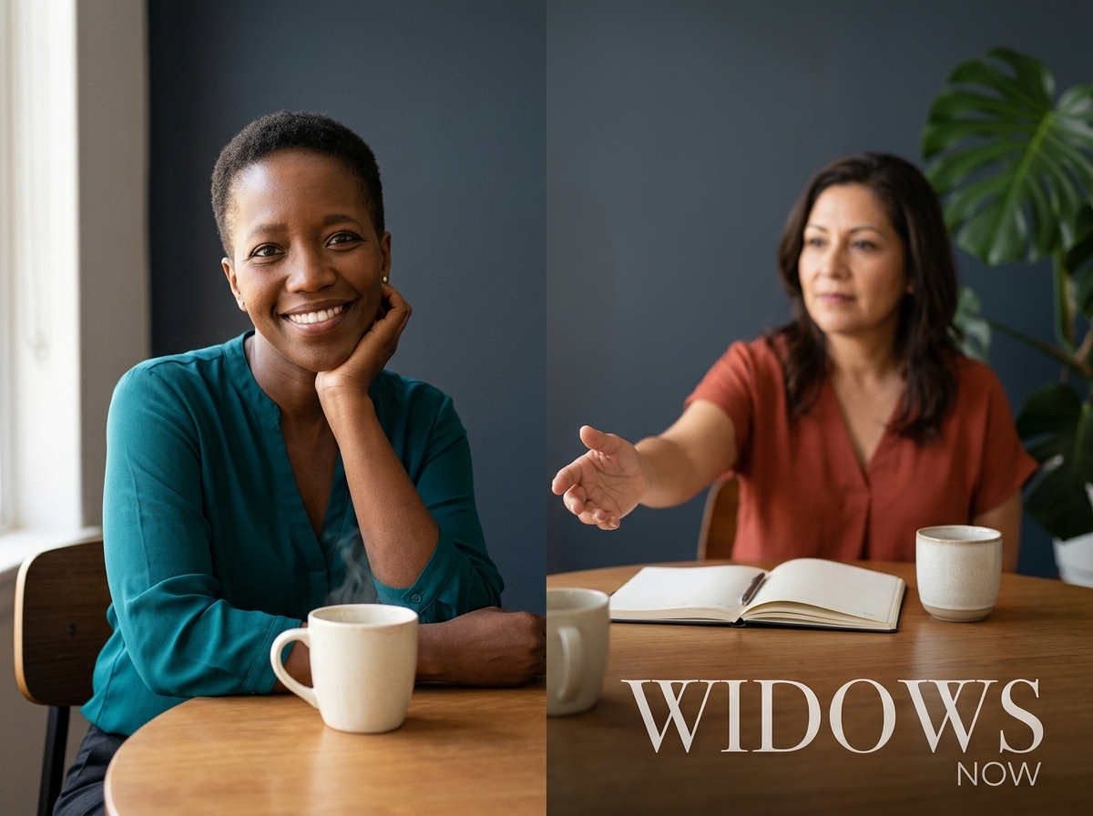 Two women seated at a wooden table, one smiling while holding a coffee cup, the other reaching out with an open hand. A notebook lies between them.