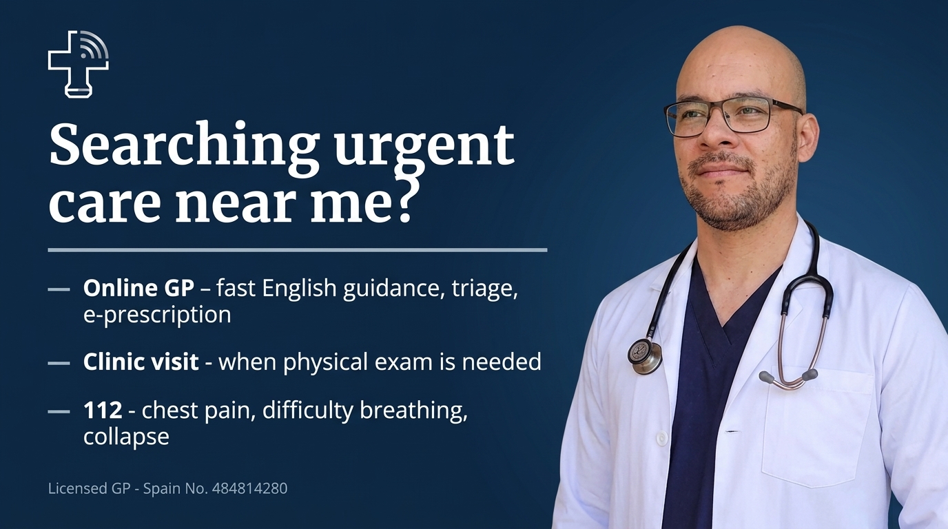 Un paciente habla con un médico bilingüe en una pantalla, simbolizando el apoyo médico multilingüe disponible para expatriados y turistas en España y la UE.