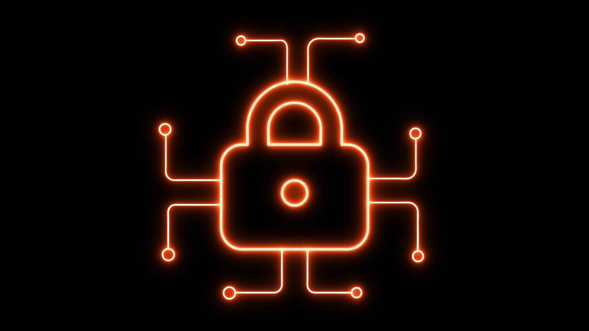 neon glowing lock icon on a black background aa49f00aef53e4b28c41