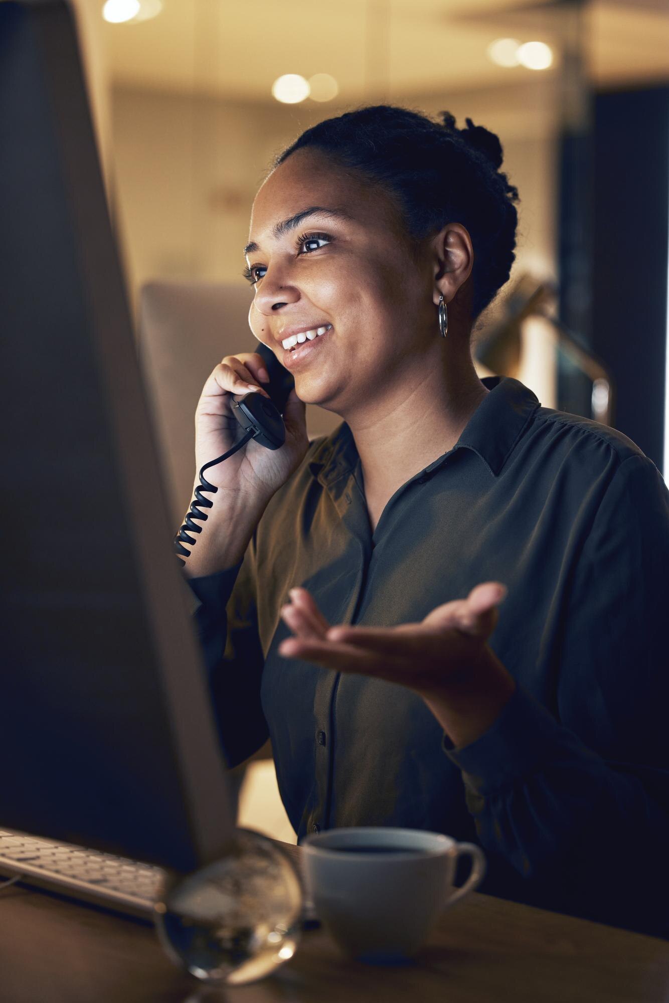overtime night and businesswoman telephone call in cbc779e7711f6079ebce