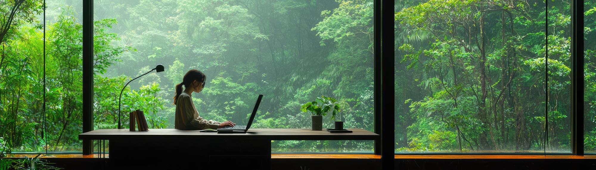person working at a window desk lush greenery outs 606db0e97e89787989f1