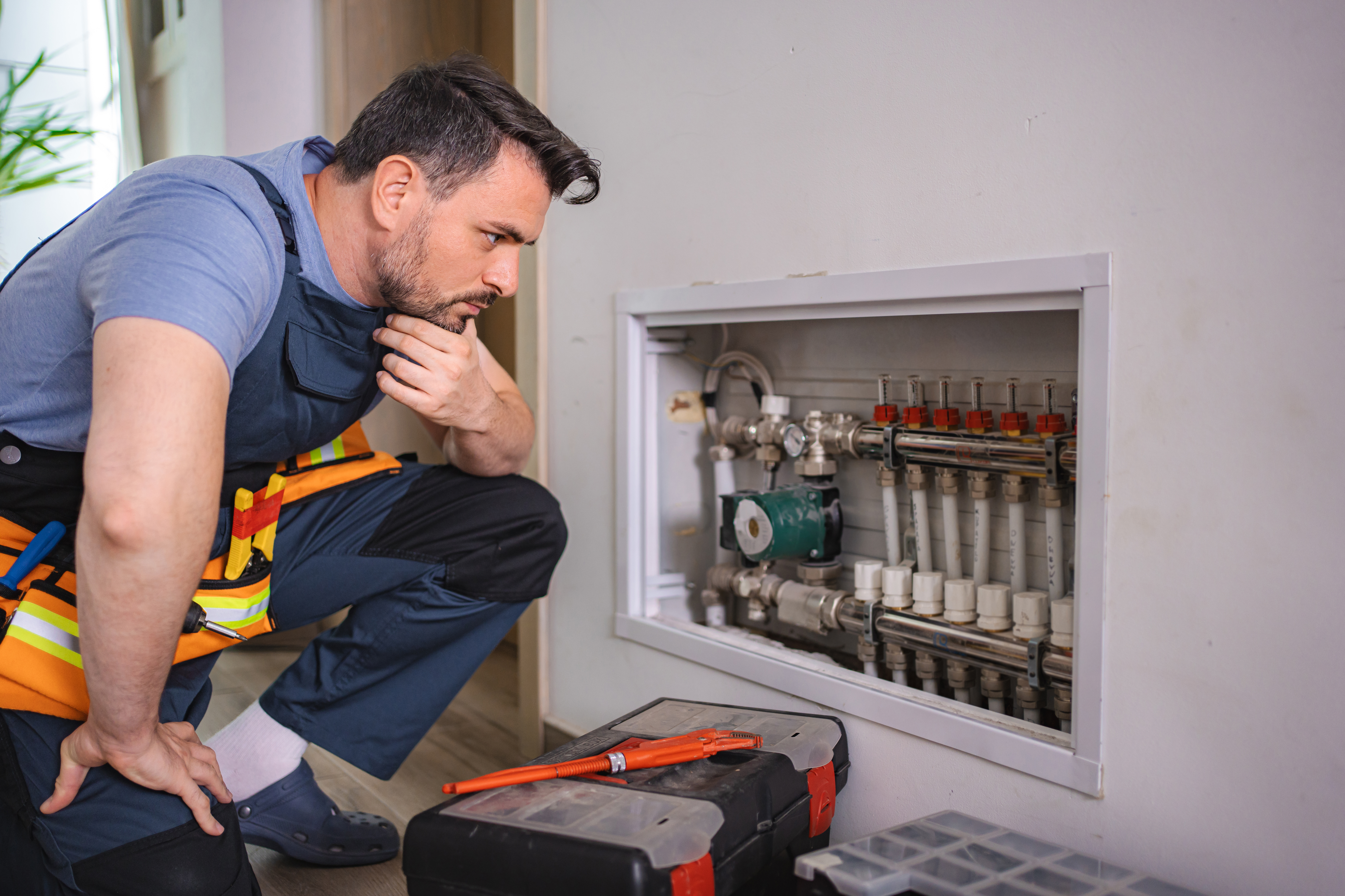 man thinking over pipe setup