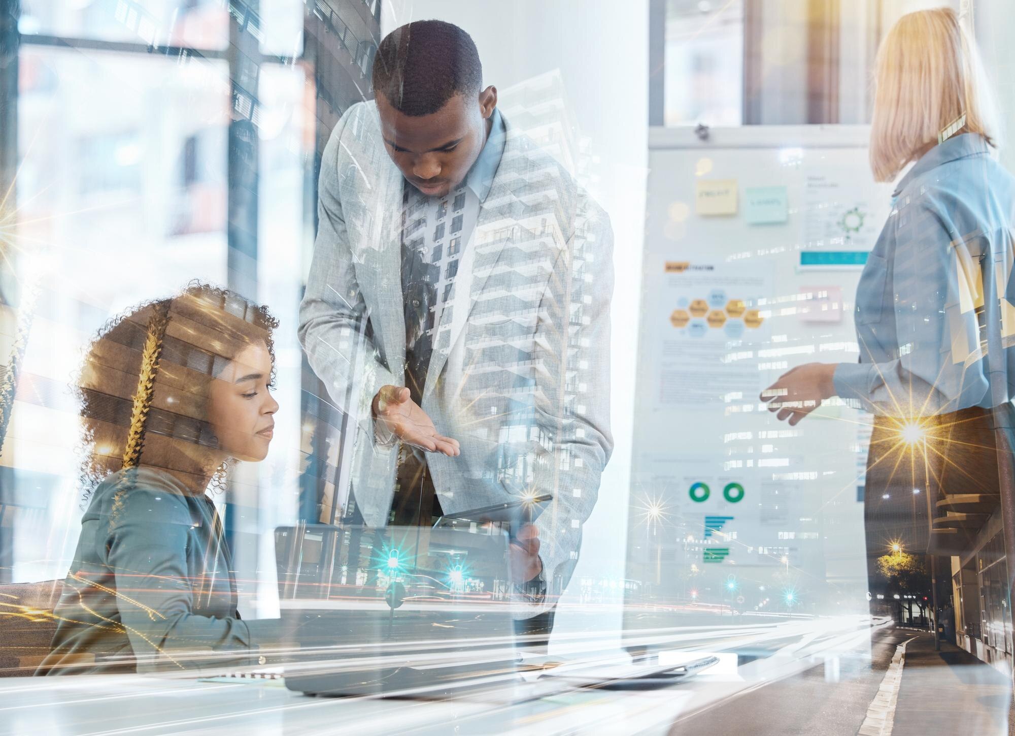 Business team discussing strategies with digital marketing tools in a modern office setting, highlighting AI-driven solutions for local business growth.