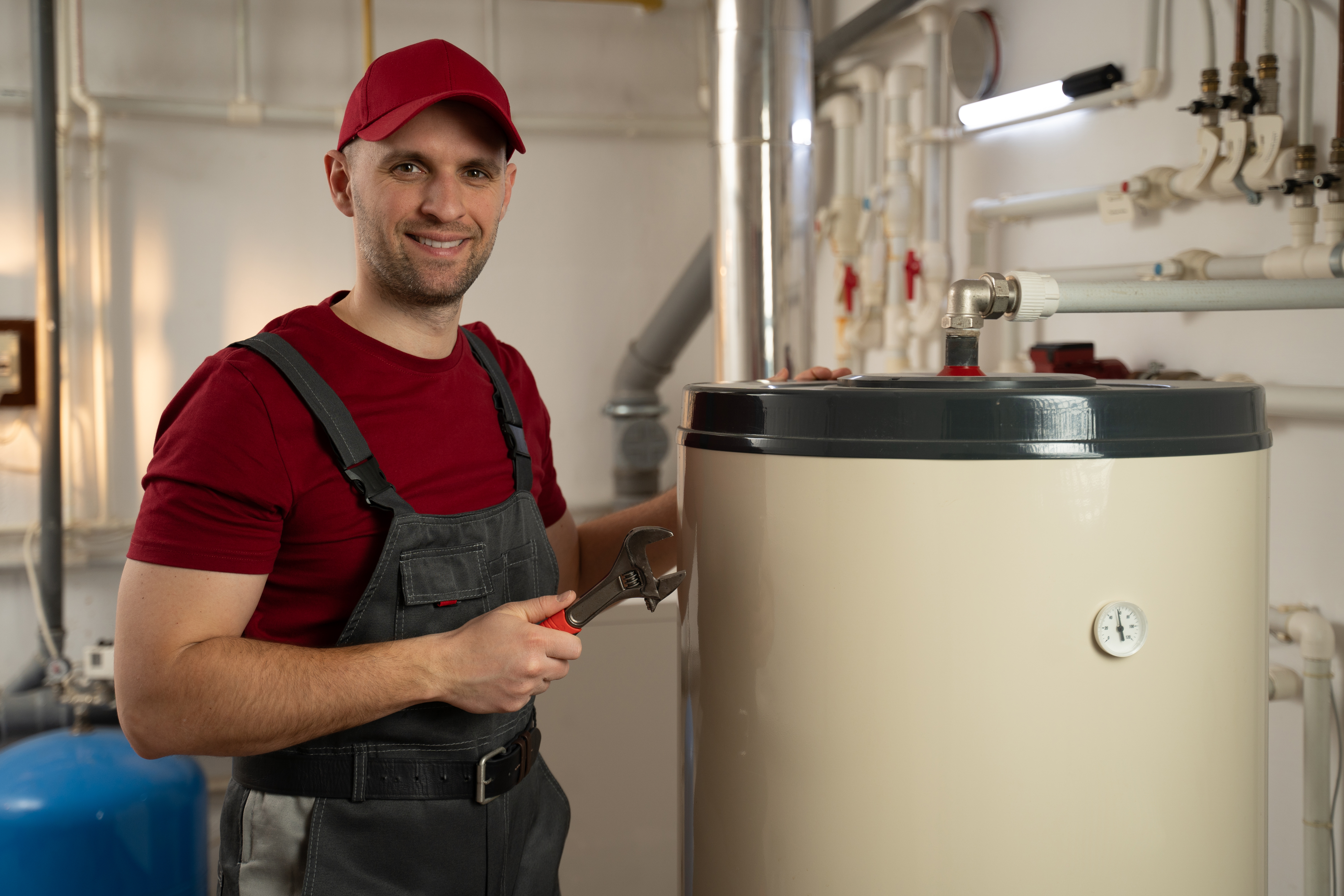 man with wrench next to water heater