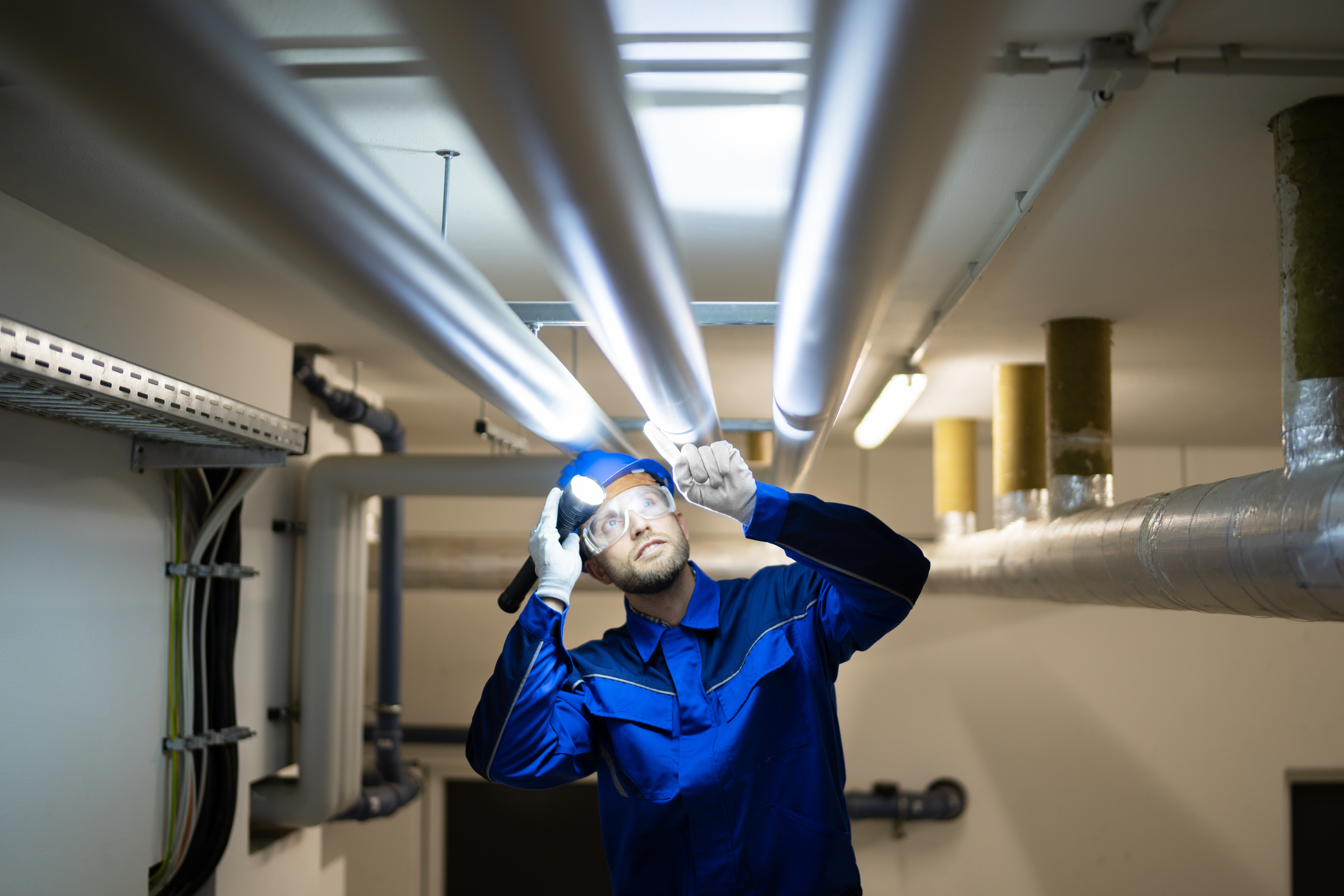 man inspecting pipes