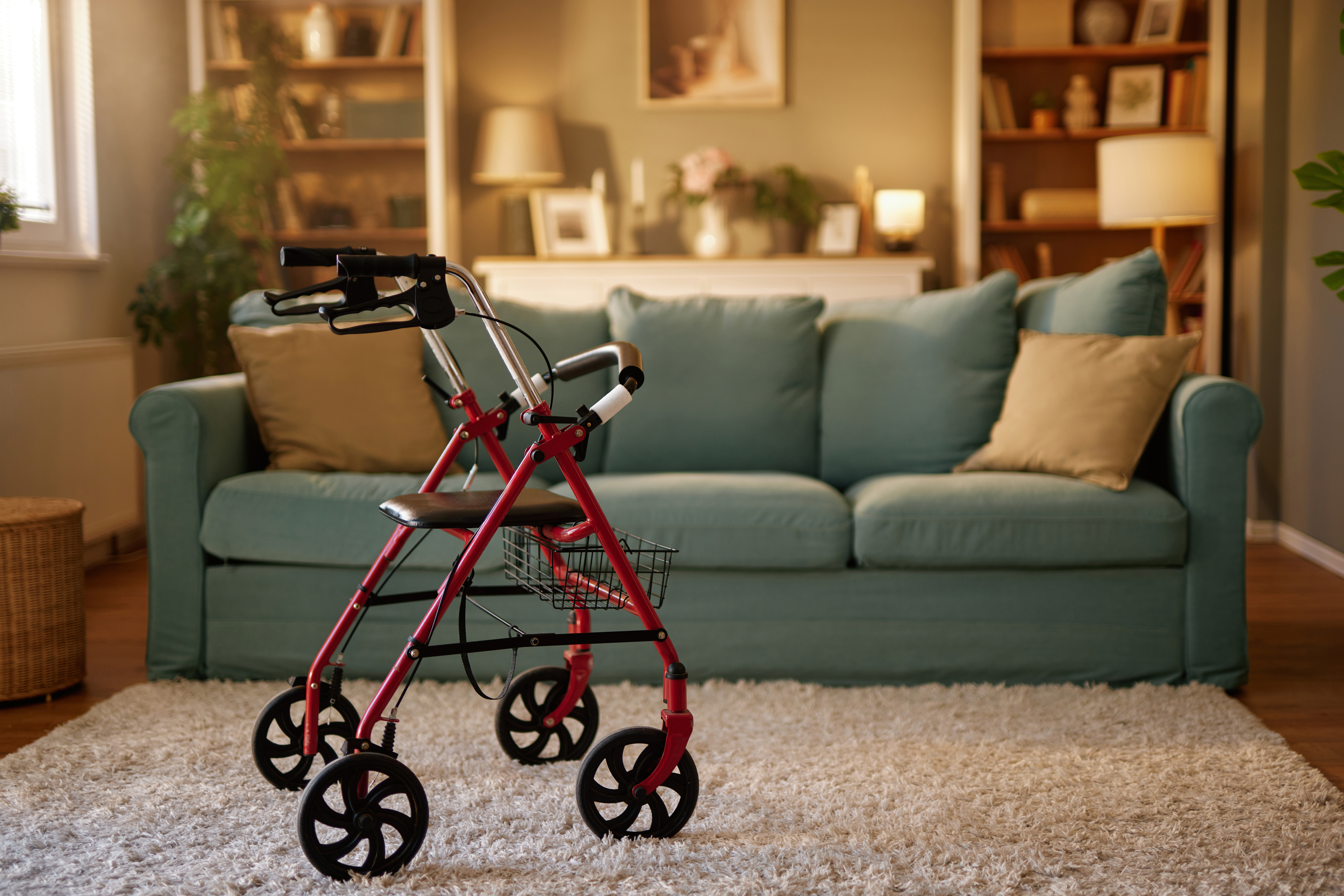 red walker stands in cozy living room supporting bfabfee2efecbd658aad