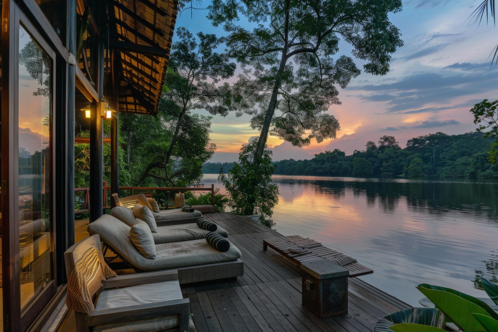 relaxing on a deck overlooking a sunset lake 9243b0eaed886e48d6a3 BTOURS