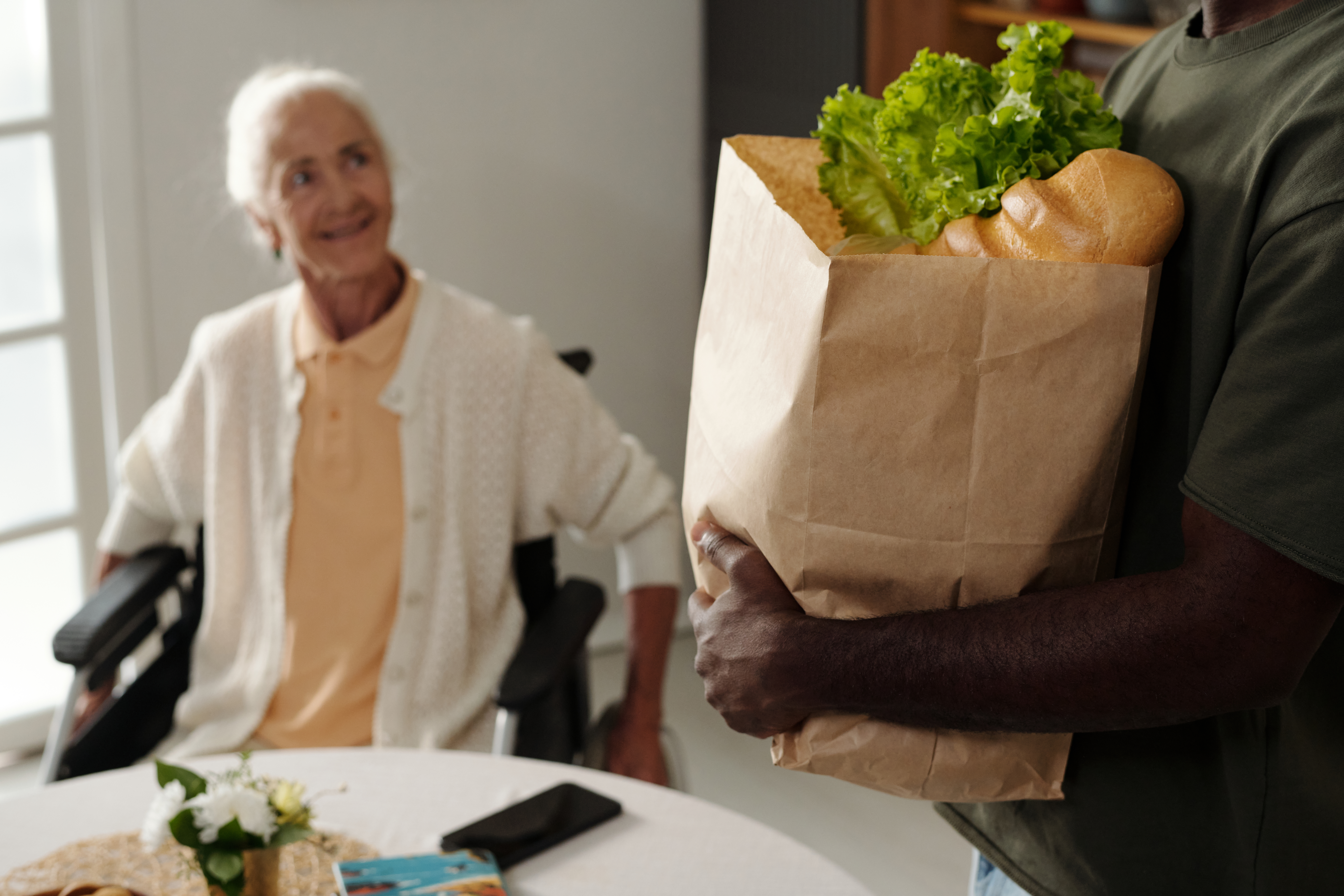 senior caucasian woman in wheelchair receiving gro 49fed32cf562ead5d342