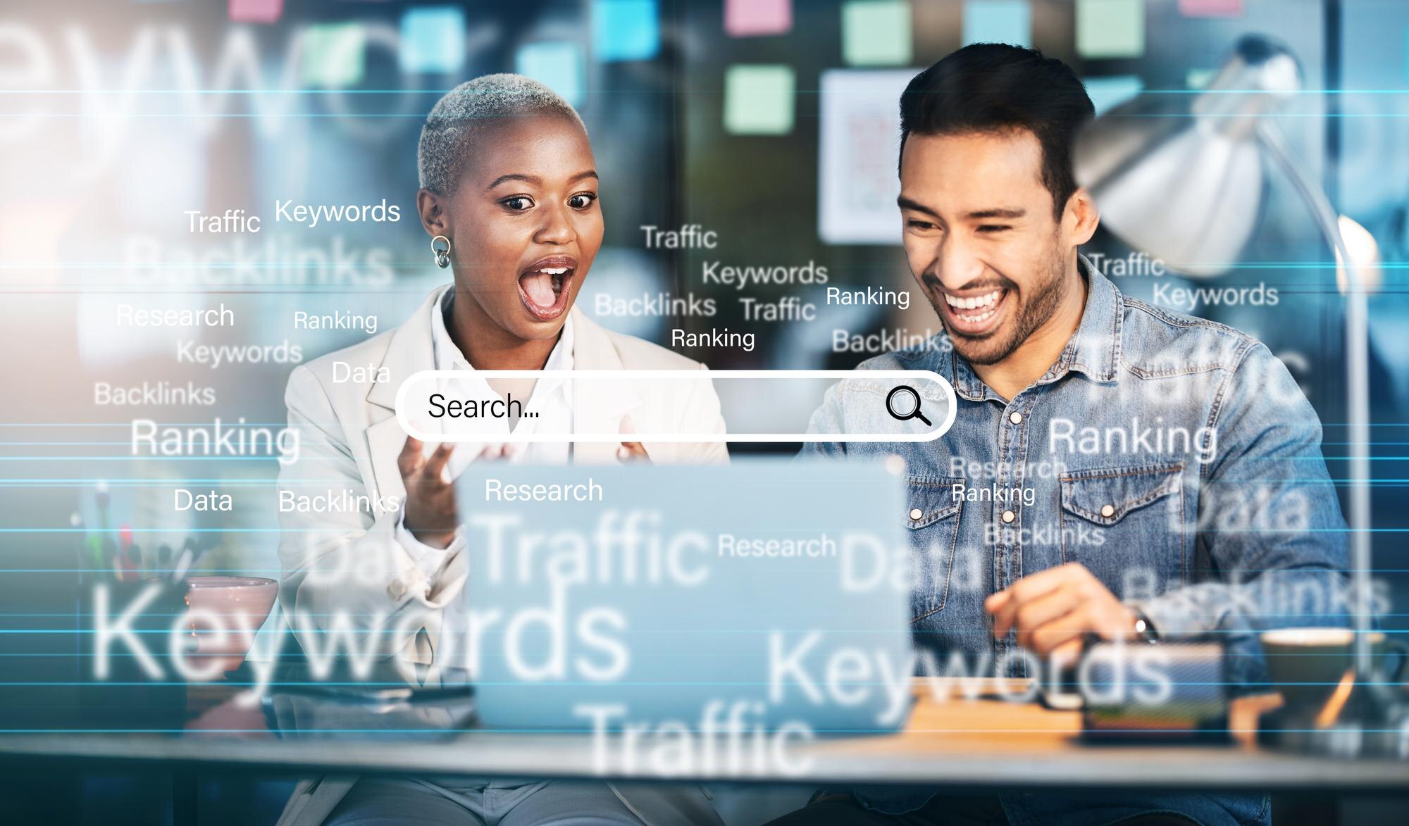 Business professionals excitedly collaborating on a laptop, surrounded by keywords like "Traffic," "Keywords," and "Ranking," illustrating effective local SEO strategies.