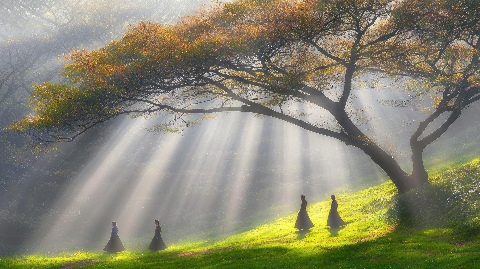 serene stroll figures walking under sunbeams throu e1a115cc3433c1125f74