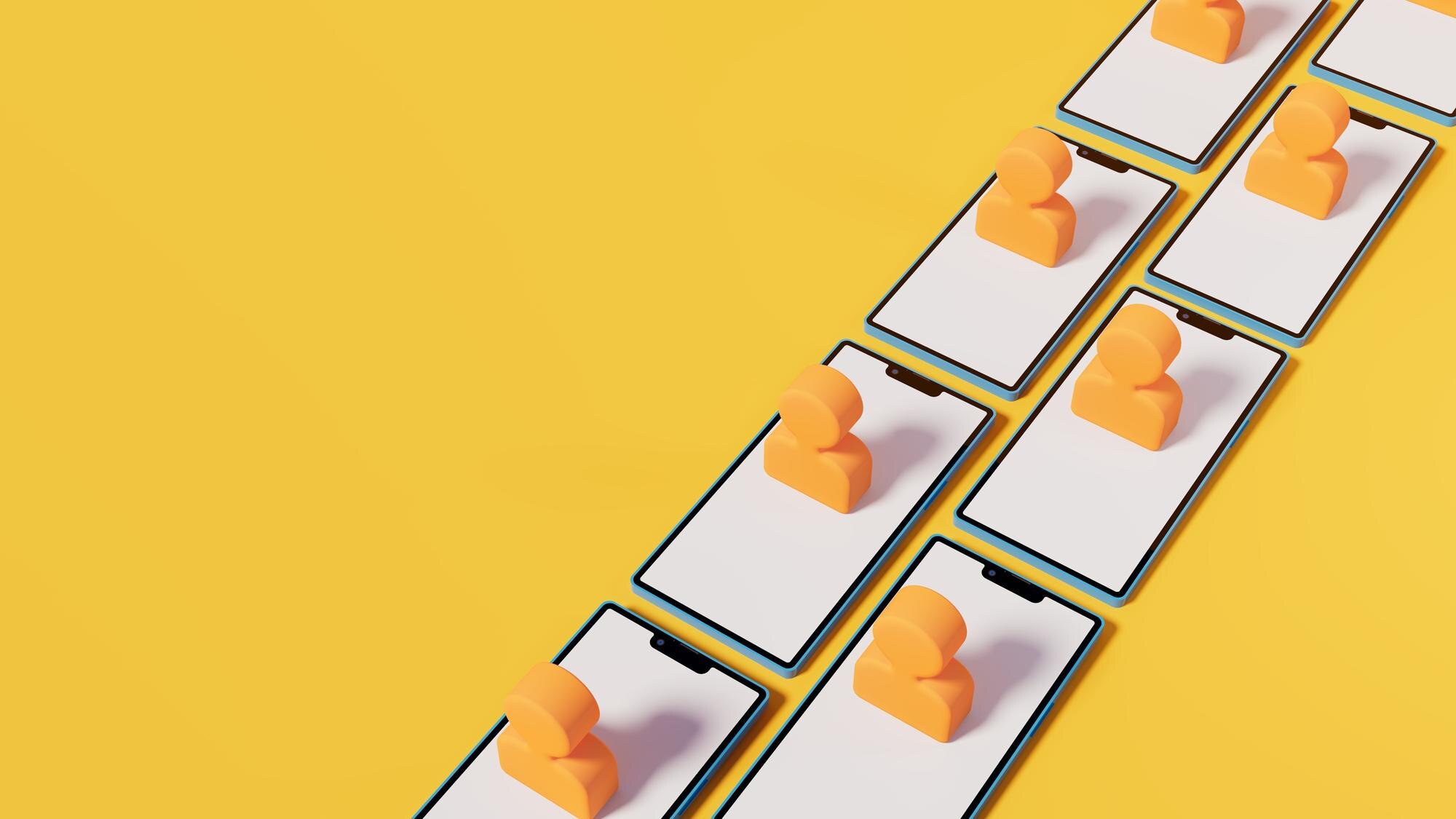 several mobile phones with user icons in a row ove 26f0b1d85690ae719915