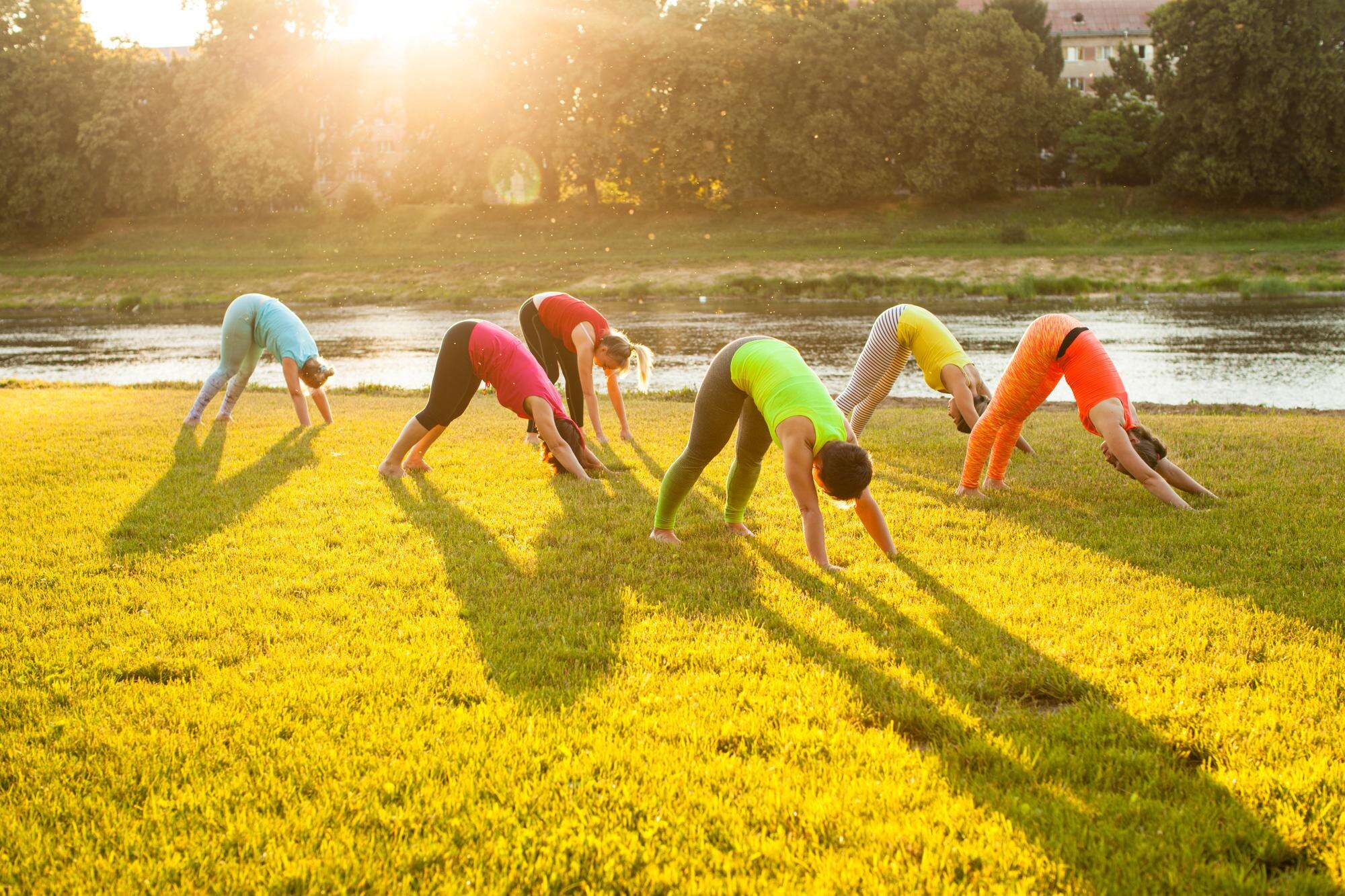 small group of women practicing morning yoga on th b20b08b8d6b229671ee7