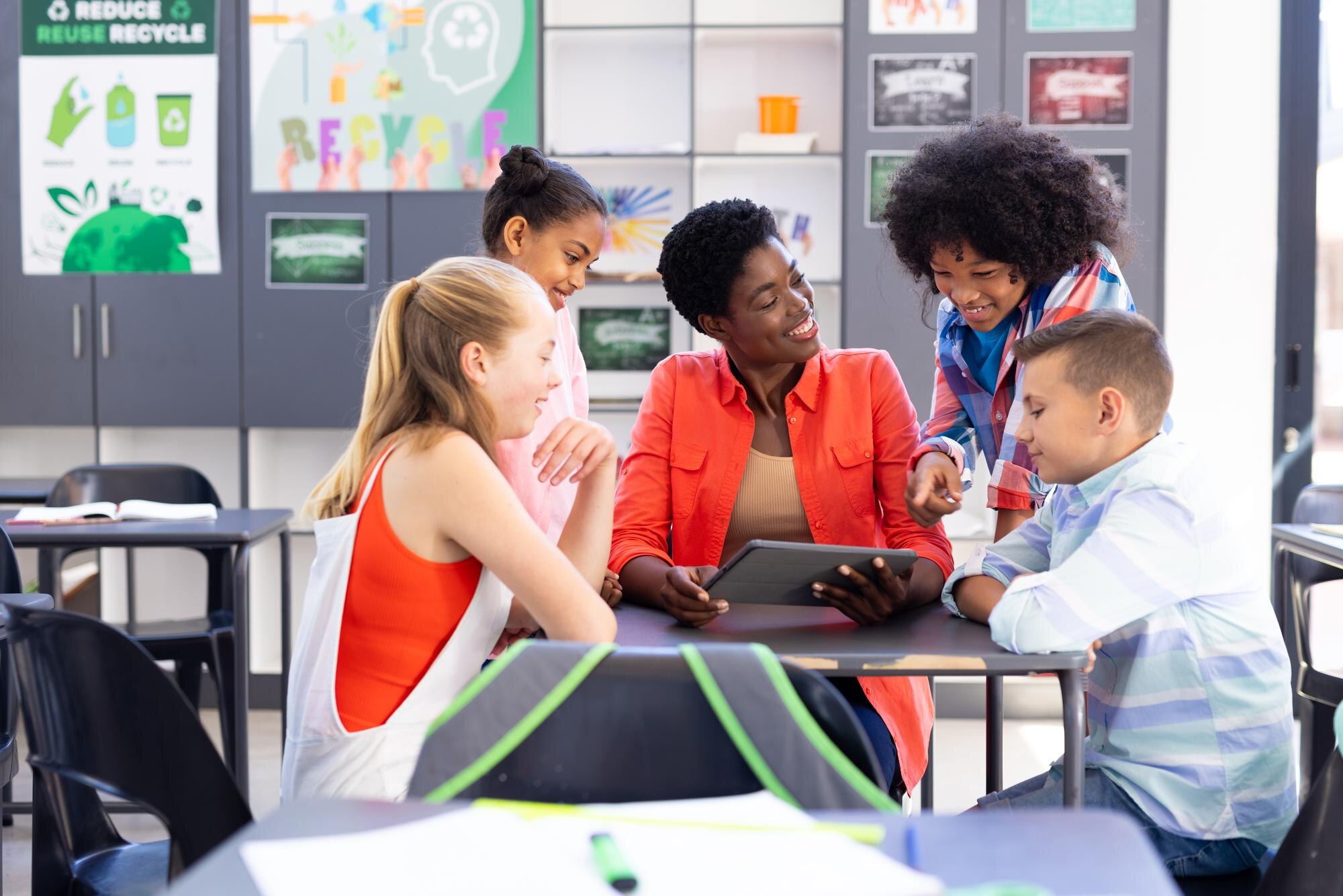 Smiling Diverse Female Teacher And Pupils Looking C5c24377c7abdf6abc9a