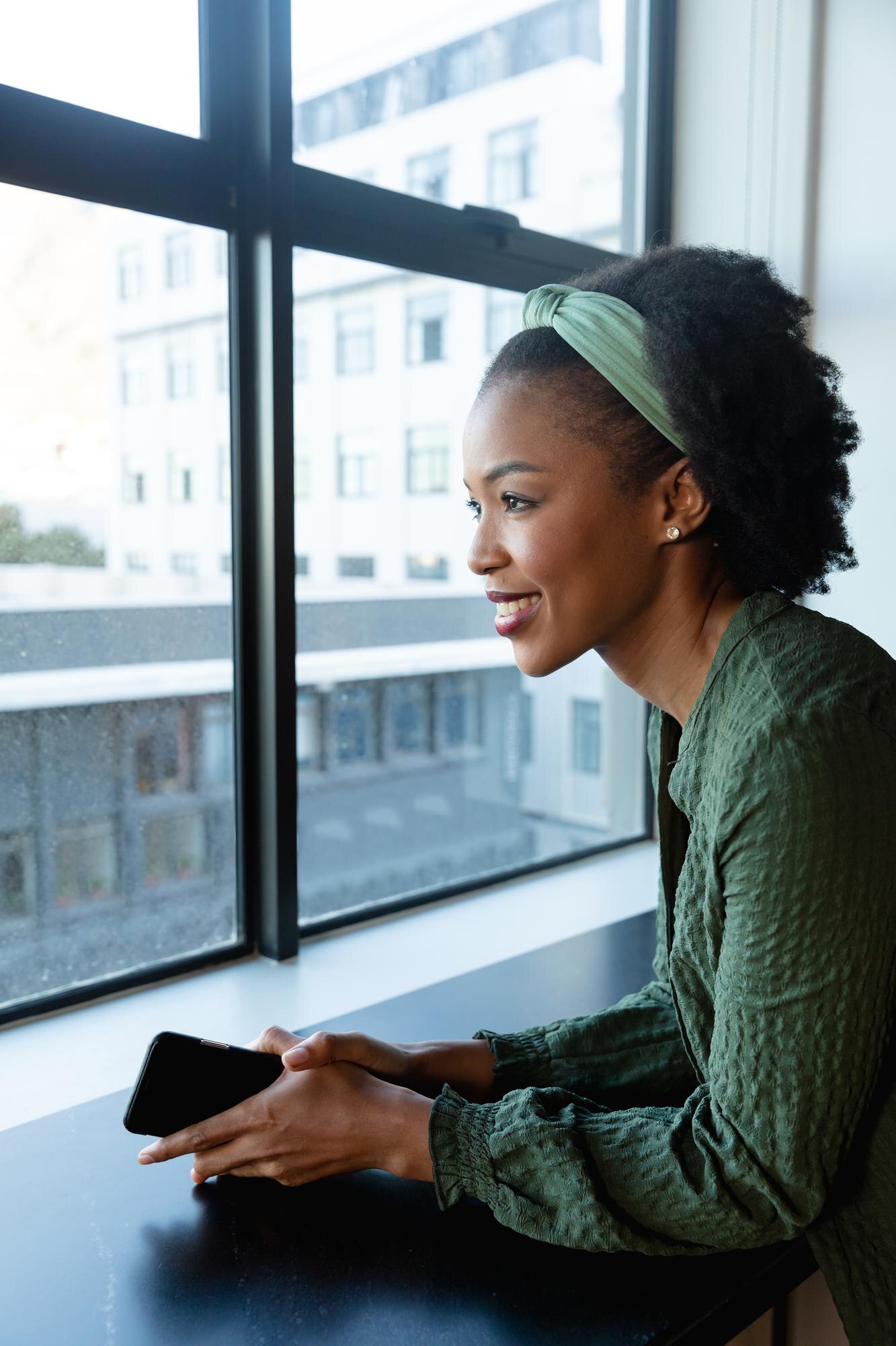 Smiling Thoughtful African American Businesswoman Bac0082Ab79A7651B289