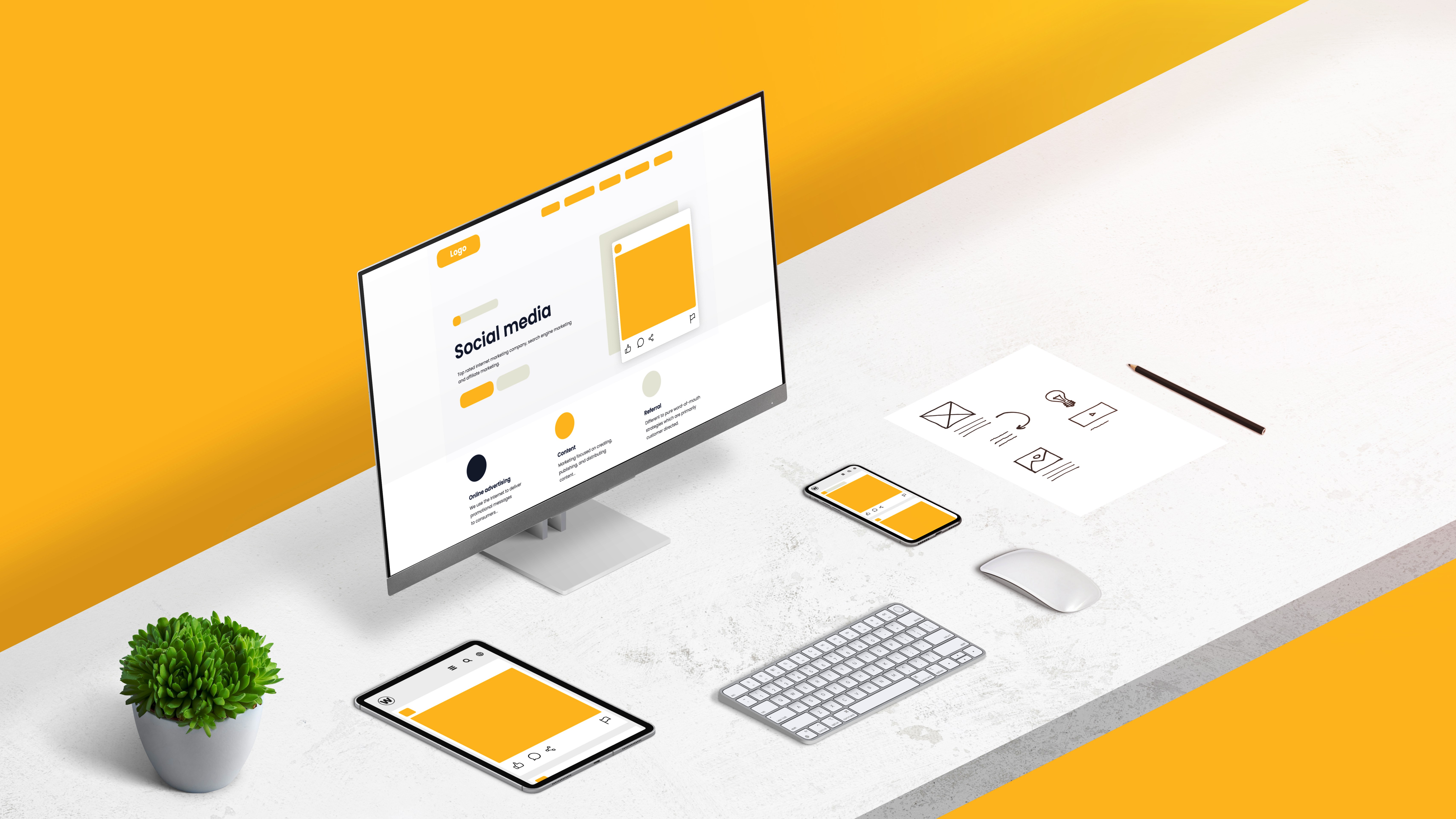 Transform Your Online Presence: Stunning Websites from $3000! 3 social media marketing concept office desk with c 95bc9826519cbfdc1b1f