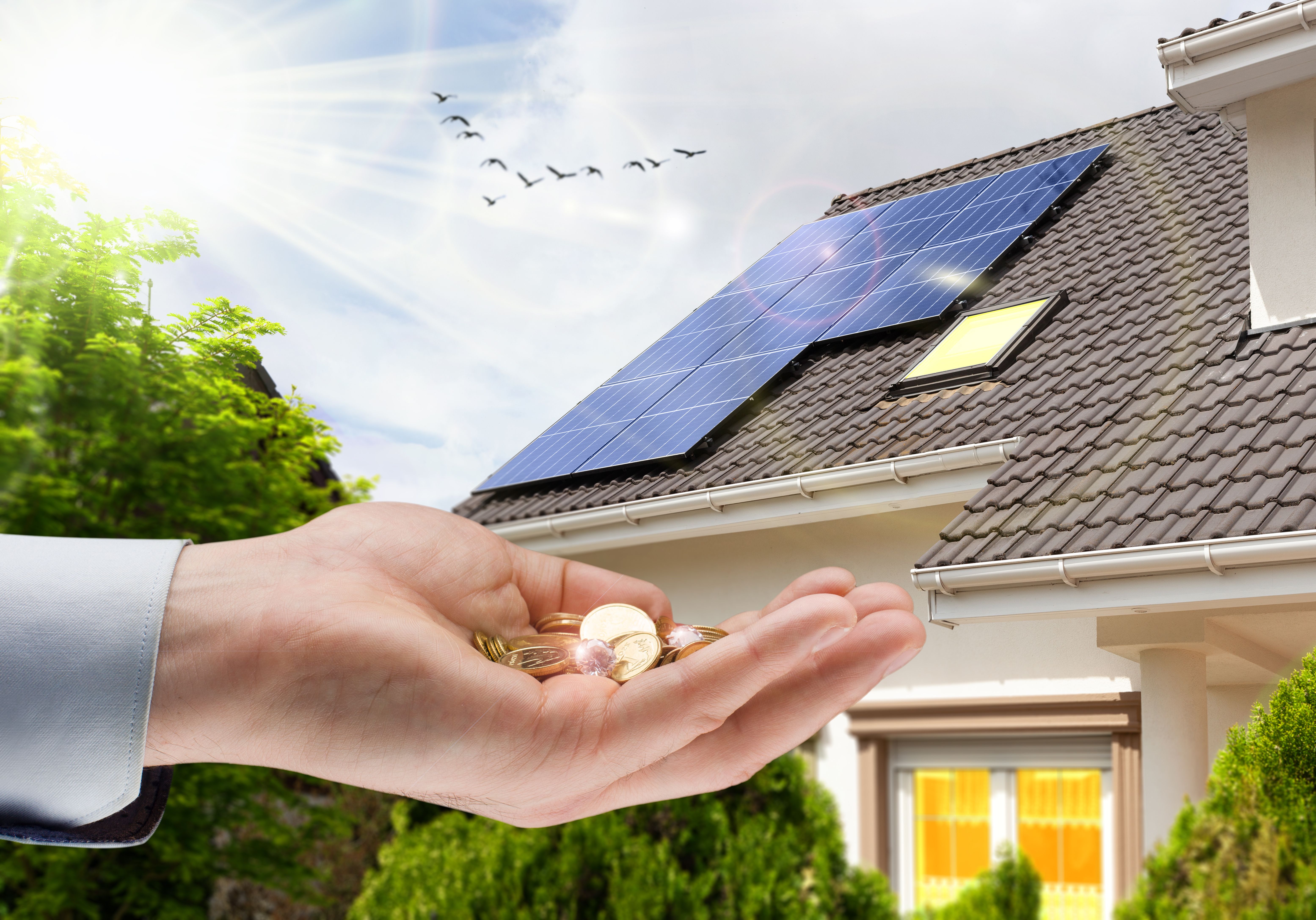 Unlocking the Financial Benefits of Solar Panels and Battery Storage 1 solar panel on roof of house and coins in hand co c31862e9ae360454e861