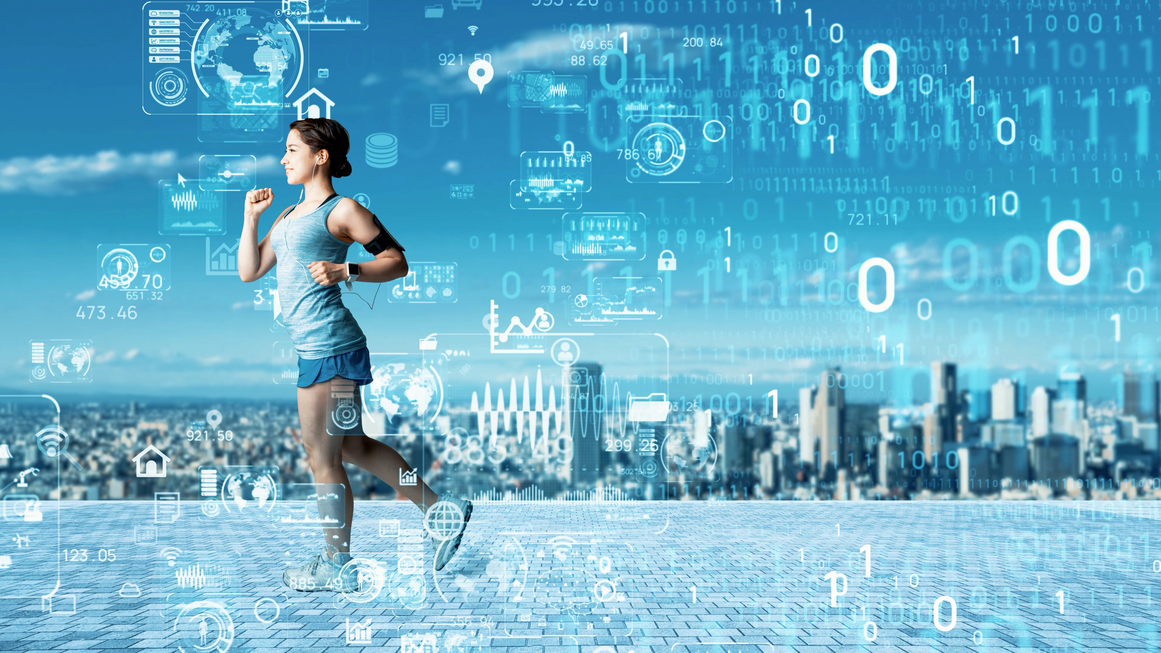 Runner wearing a smartwatch with sports-tech wearable data display