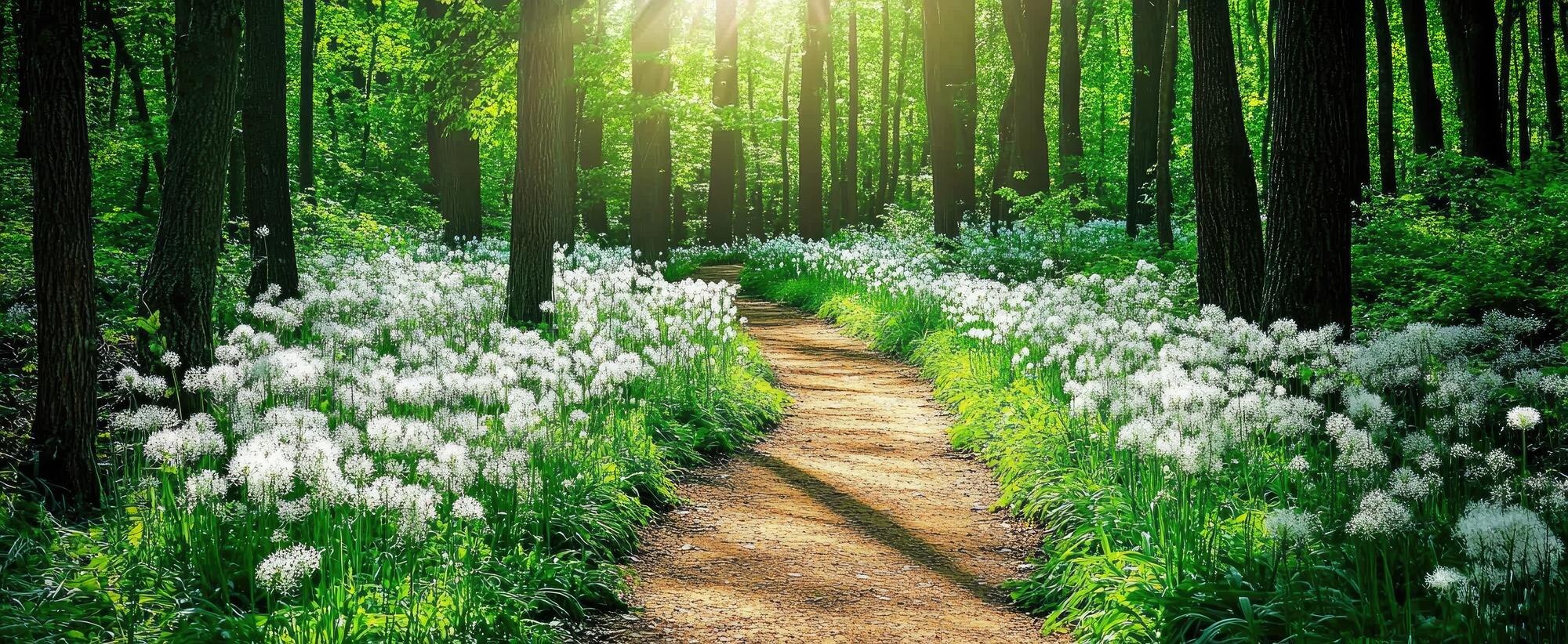 sunlit forest path lined with white flowers 0f70d5ee4c6ddb58d21f
