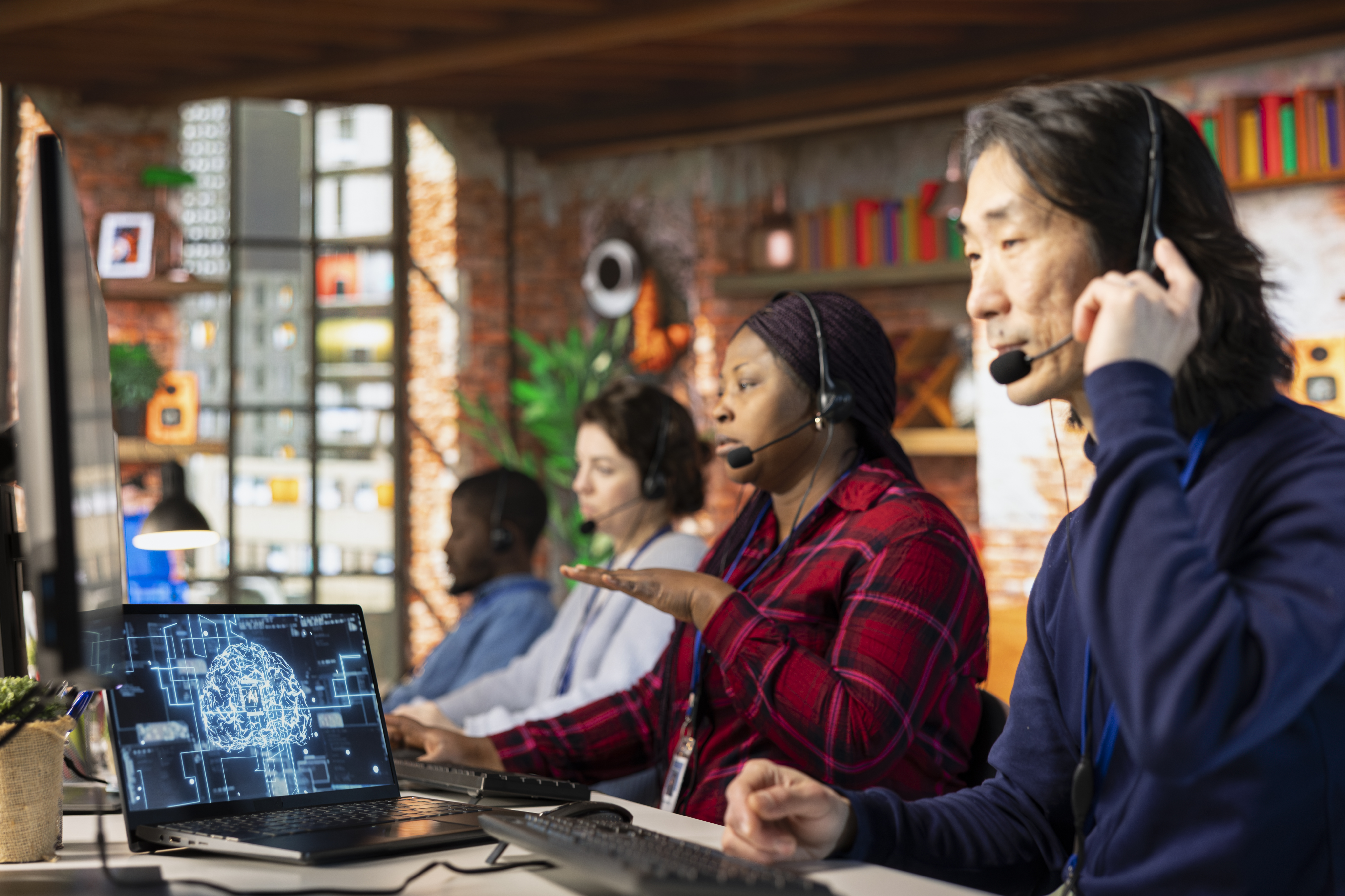 team of multiethnic call center workers using ai c 3793227c7841ec488249