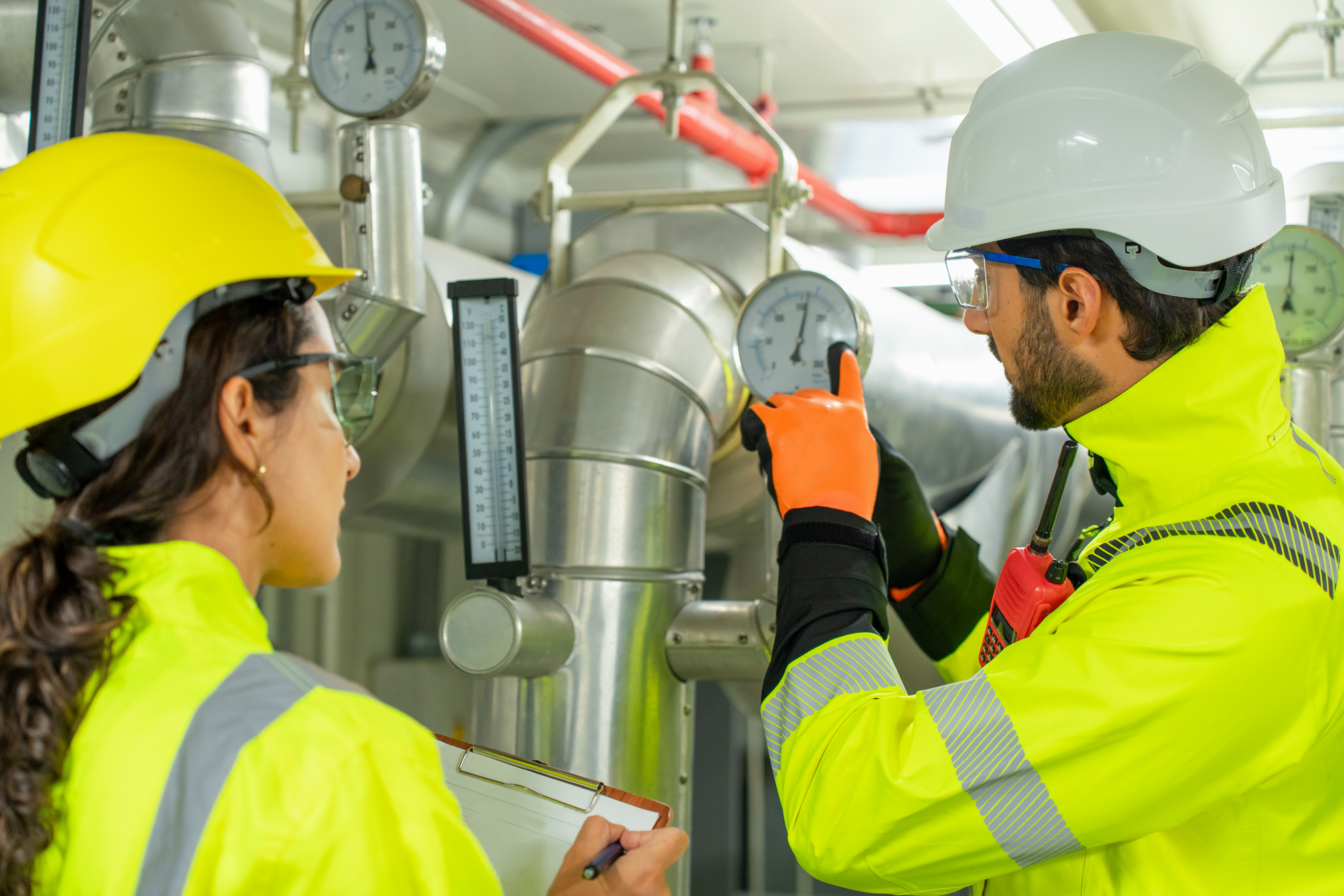 two industrial workers in hard hats