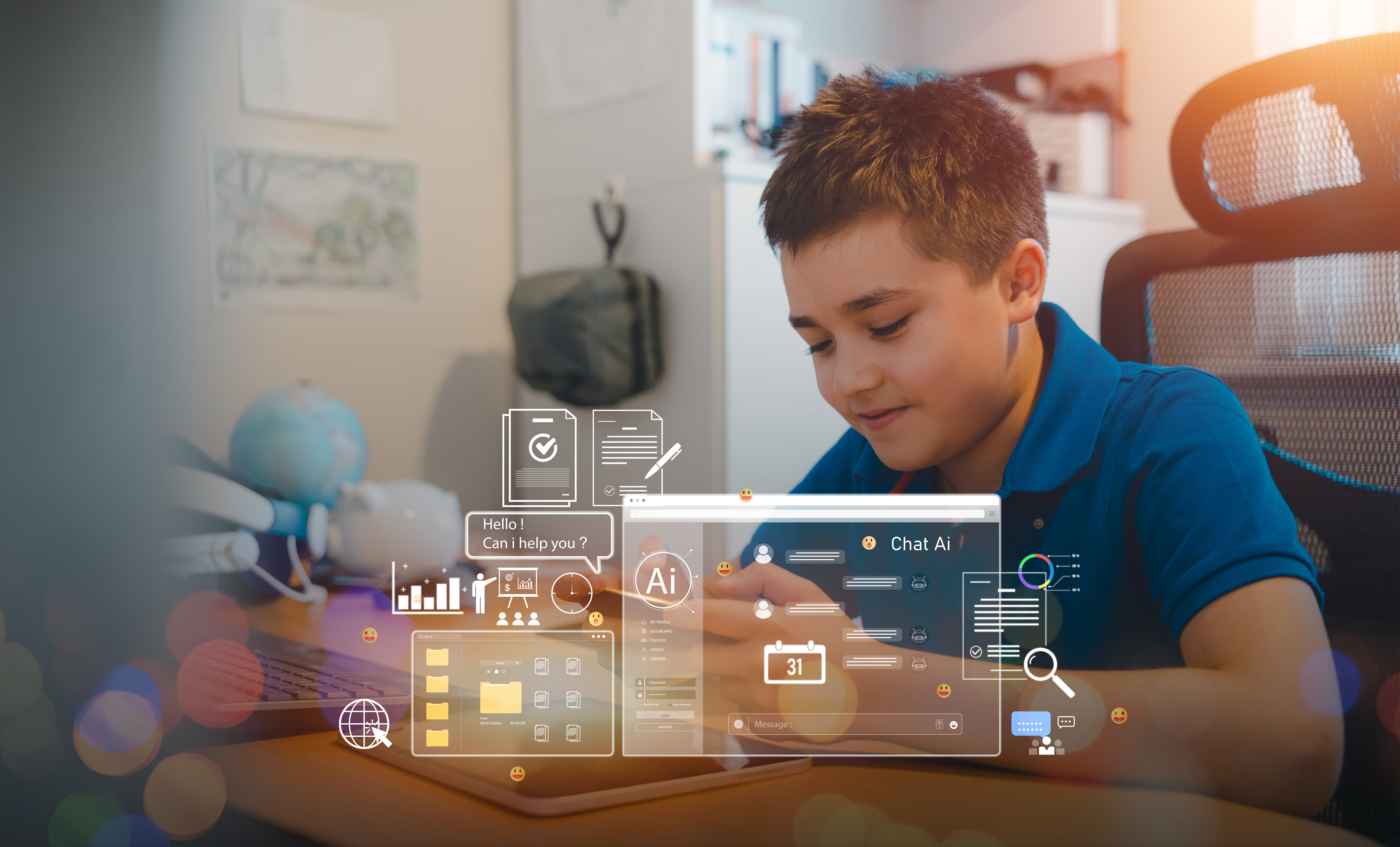 Teen Boy Studying With Tablet And Ai Interface Gra 6ef864eaa6fd60265a8a