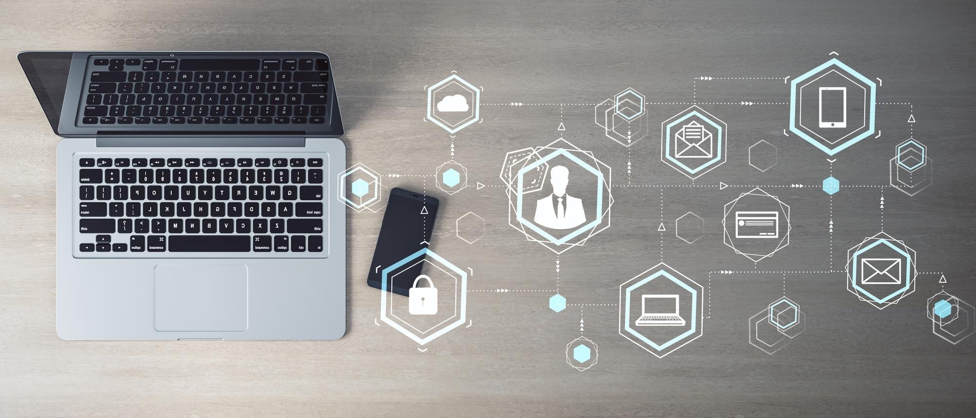 top view of office desktop with glowing business i f23256fda9f5800b1343