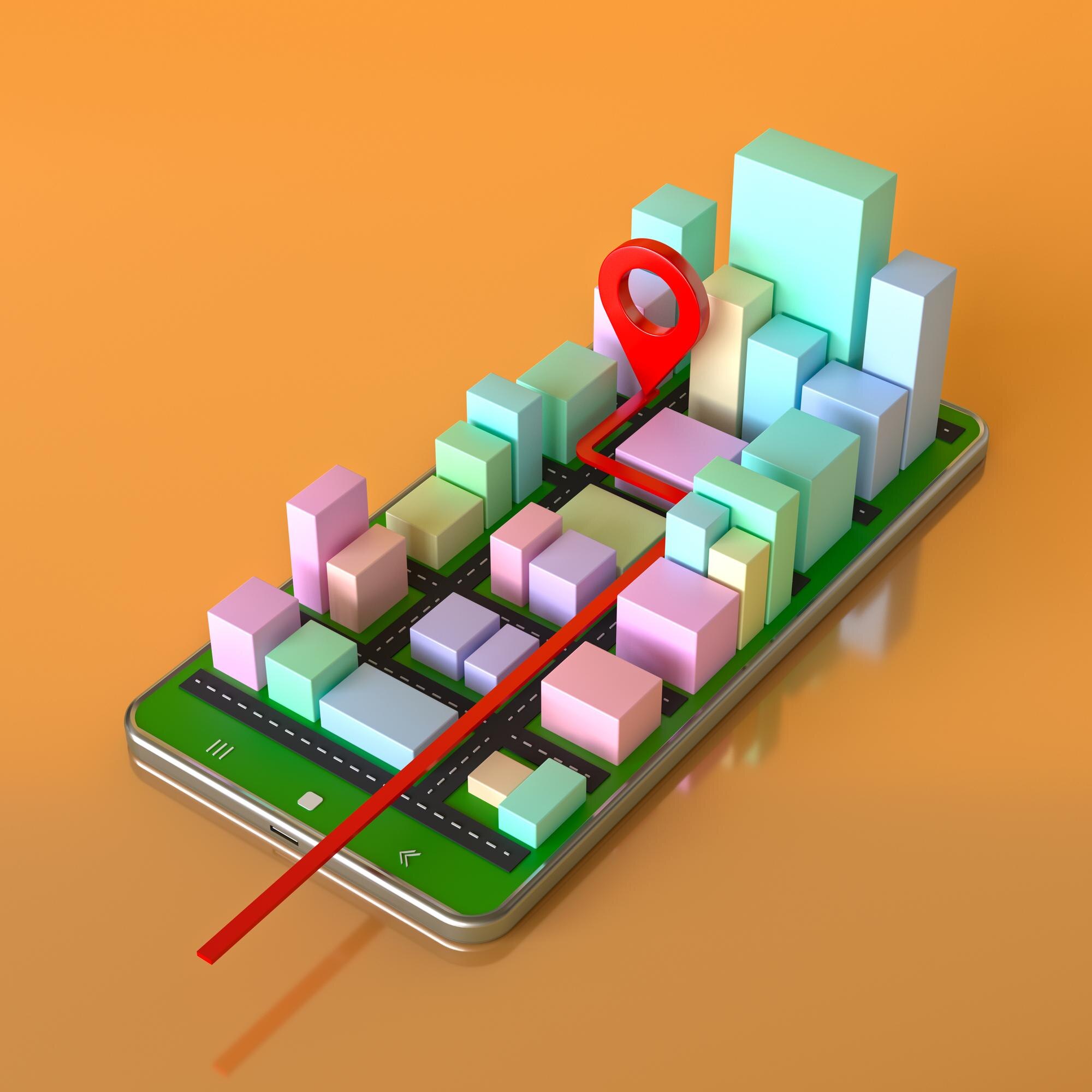 Smartphone displaying a colourful isometric city map with a red location pin and route, symbolising Google Maps optimisation strategies for local businesses.