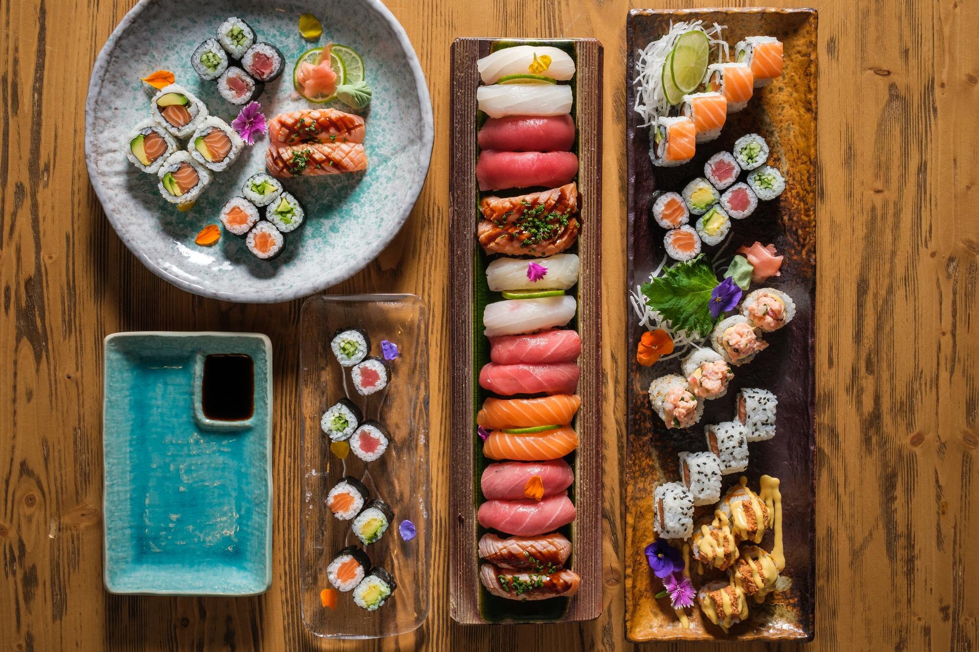 top view of various sushi with assorted fish near ebe172eecc8b3d2a4601