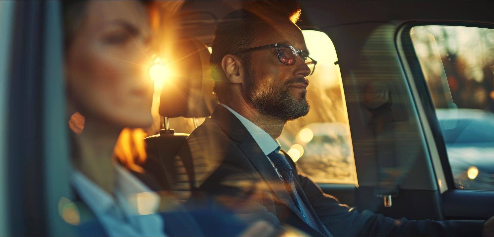 Executive passenger enjoying a quiet ride in a luxury chauffeur service vehicle, ideal for corporate travel.