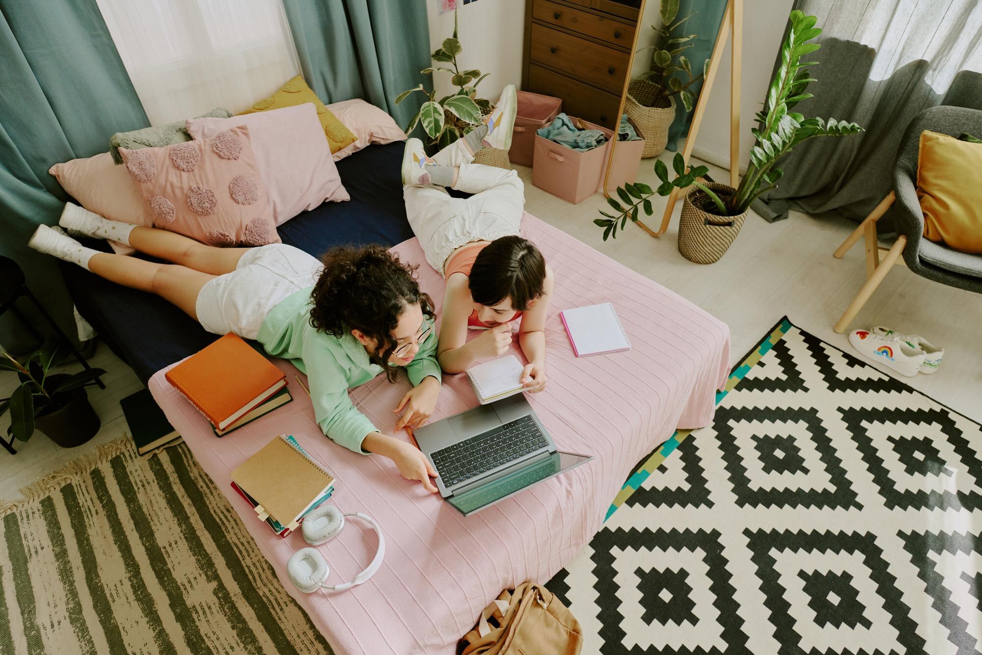 Two Women Studying Together In Cozy Living Room 7c6adf092b1e3c9d59ab